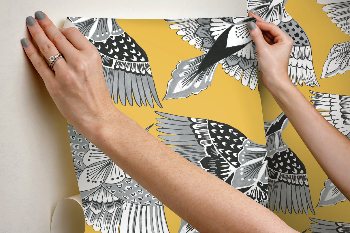 Feather Flight Yellow Peel & Stick Wallpaper with Graphic Birds Motif - York PSW1350RL