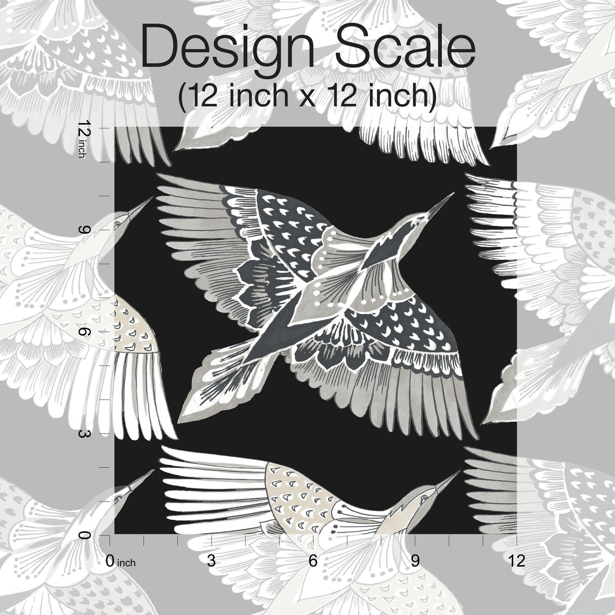 Feather Flight Black Peel & Stick Wallpaper with Animal Bird Motif, Matte Non-Woven York PSW1351RL