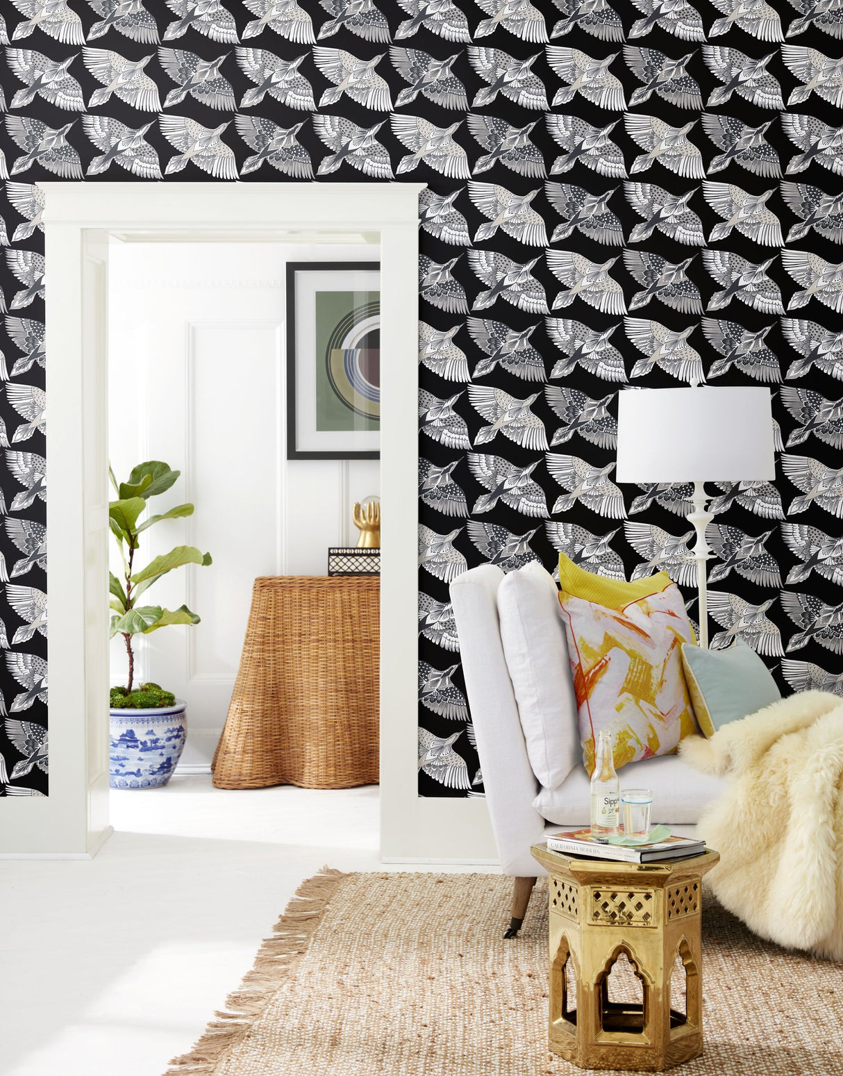 Feather Flight Black Peel & Stick Wallpaper with Animal Bird Motif, Matte Non-Woven York PSW1351RL