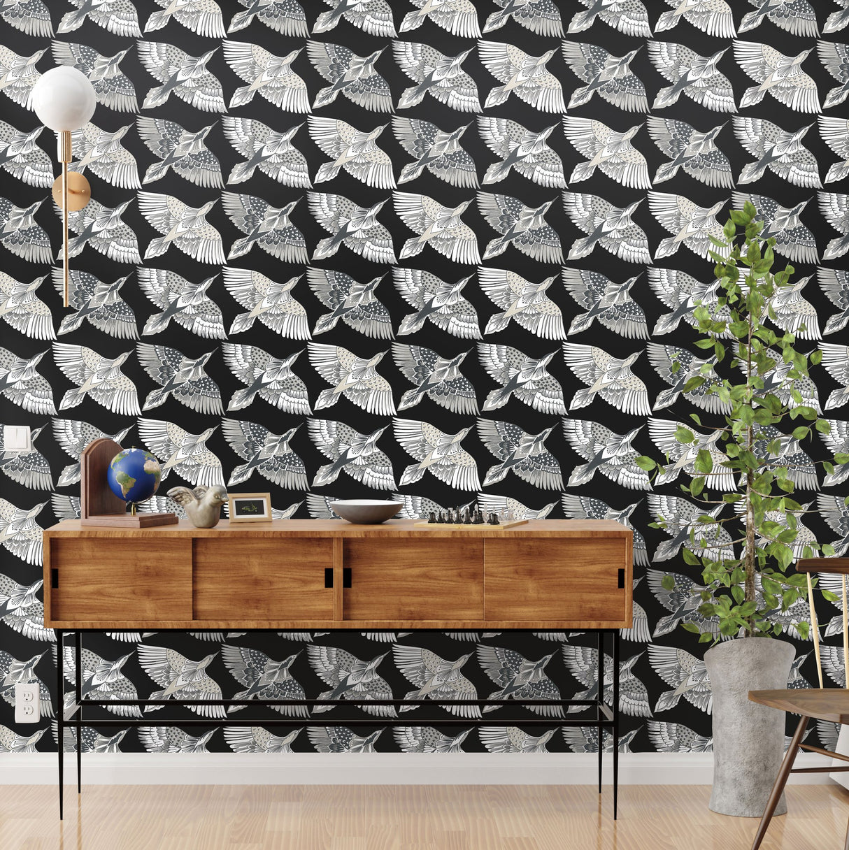 Feather Flight Black Peel & Stick Wallpaper with Animal Bird Motif, Matte Non-Woven York PSW1351RL