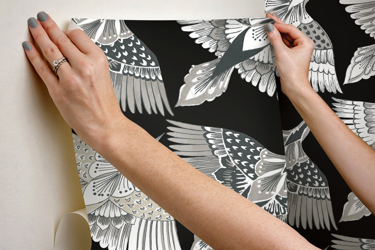 Feather Flight Black Peel & Stick Wallpaper with Animal Bird Motif, Matte Non-Woven York PSW1351RL