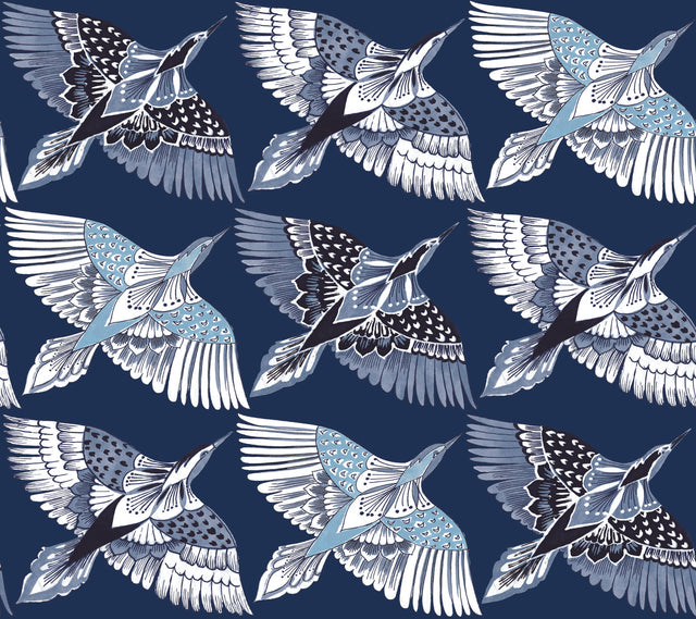 Feather Flight Blue Peel & Stick Wallpaper with Birds Pattern, Matte Non-Woven - York PSW1352RL