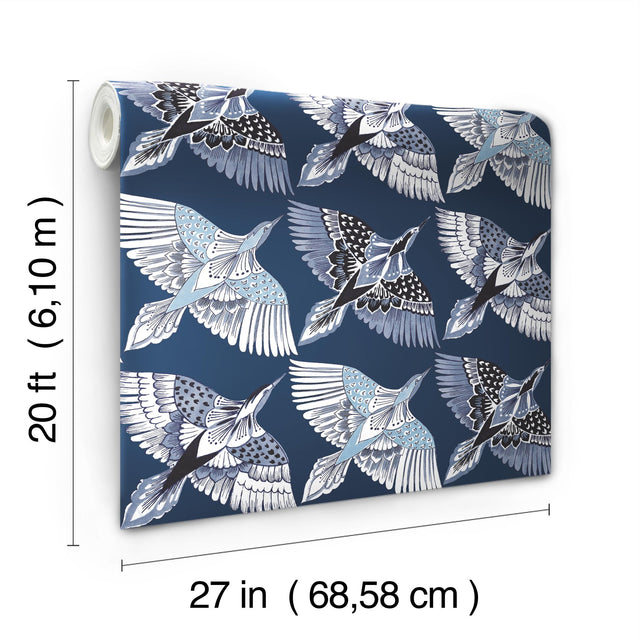 Feather Flight Blue Peel & Stick Wallpaper with Birds Pattern, Matte Non-Woven - York PSW1352RL