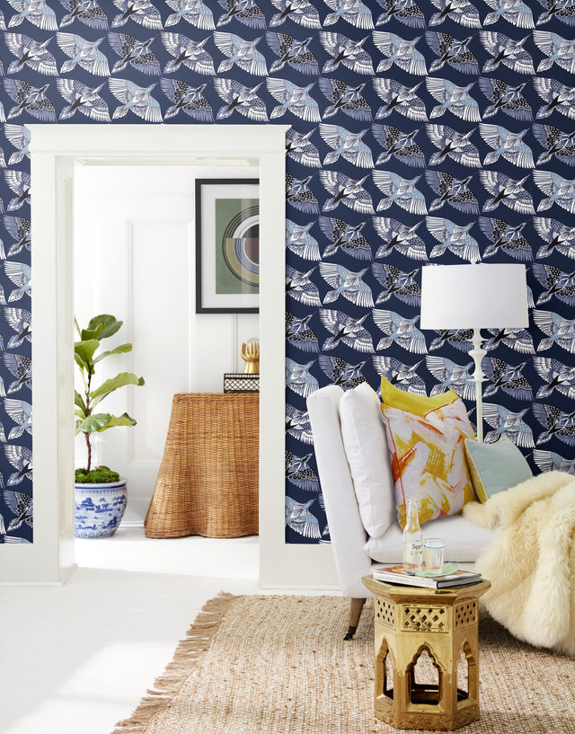 Feather Flight Blue Peel & Stick Wallpaper with Birds Pattern, Matte Non-Woven - York PSW1352RL