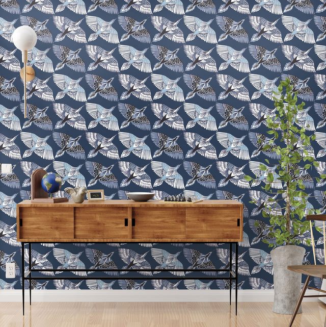 Feather Flight Blue Peel & Stick Wallpaper with Birds Pattern, Matte Non-Woven - York PSW1352RL