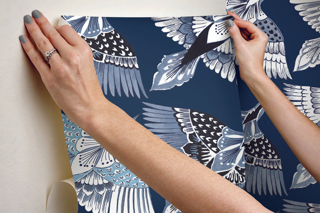 Feather Flight Blue Peel & Stick Wallpaper with Birds Pattern, Matte Non-Woven - York PSW1352RL