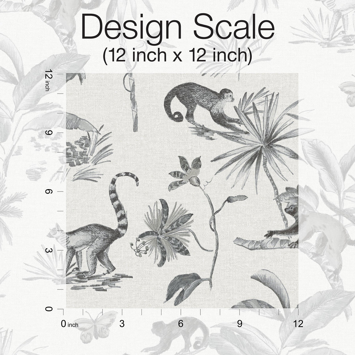 Botanicals & Lemurs Grey Peel & Stick Non Woven Wallpaper with Tropical Wildlife Motif - York PSW1354RL