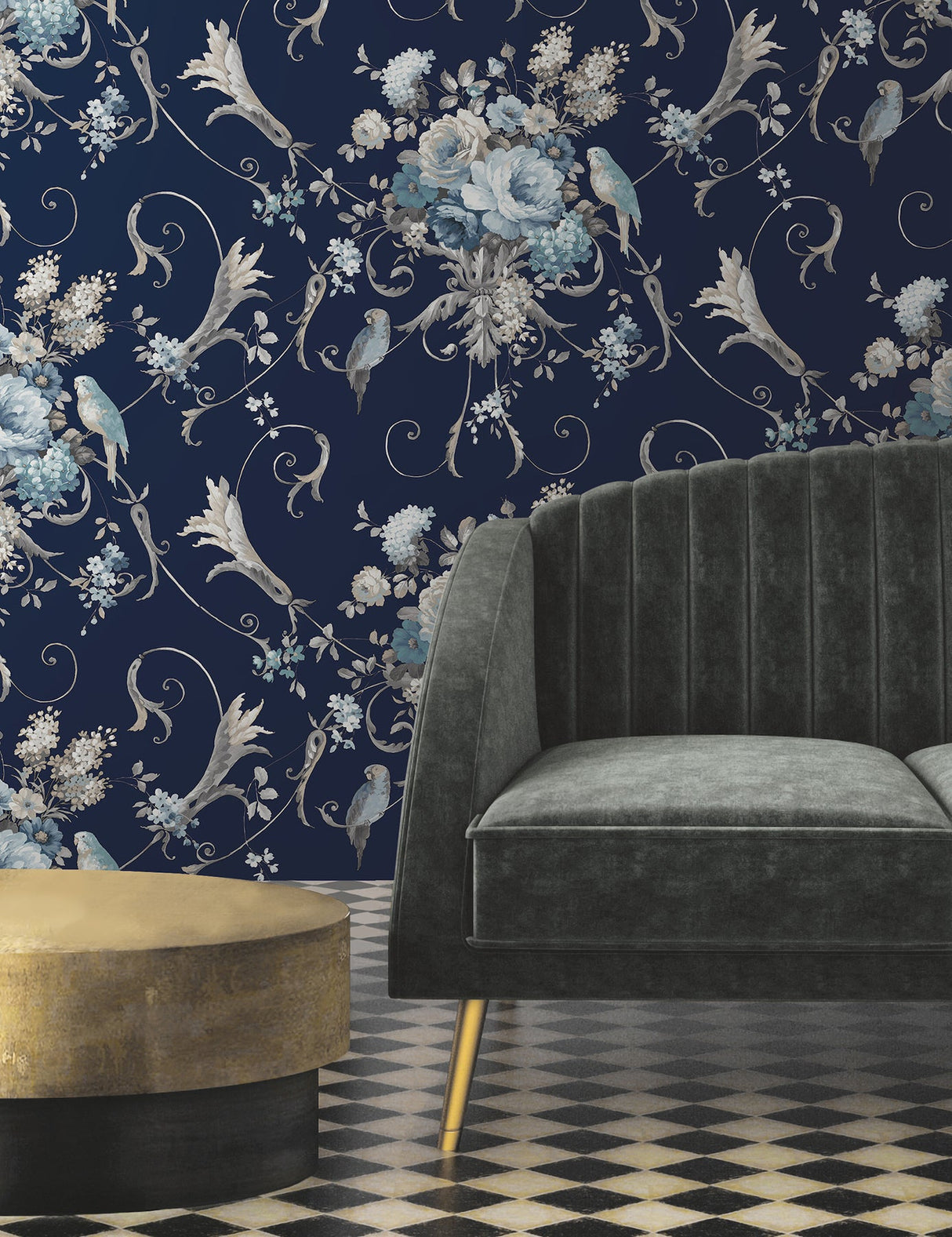 Parrots with Floral Bouquets Navy by York Wallcoverings Peel & Stick Wallpaper- York Wallcoverings PSW1360RL