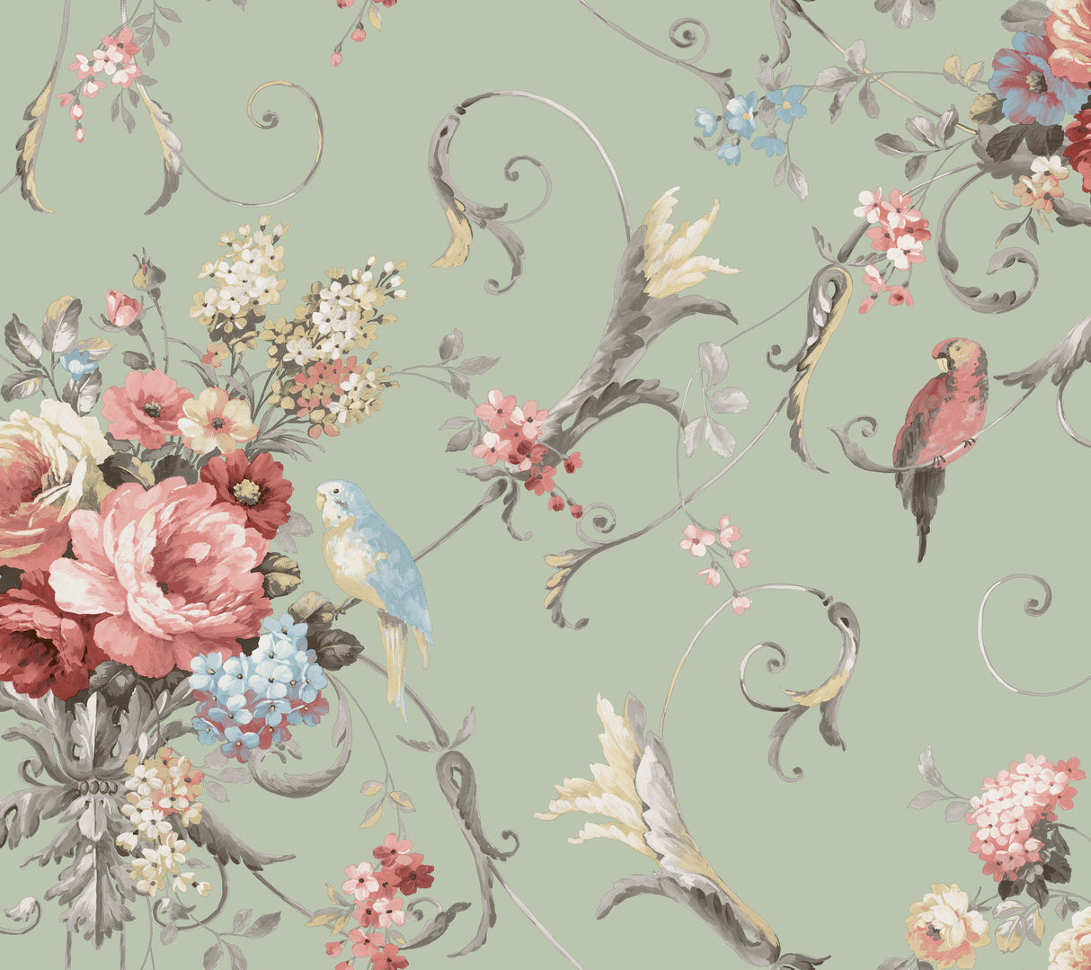 Parrots with Floral Bouquets Eucalyptus Peel and Stick Wallpaper featuring baroque scrolls, colorful parrots, and lush floral bouquets on a sage green background by York Wallcoverings PSW1361RL