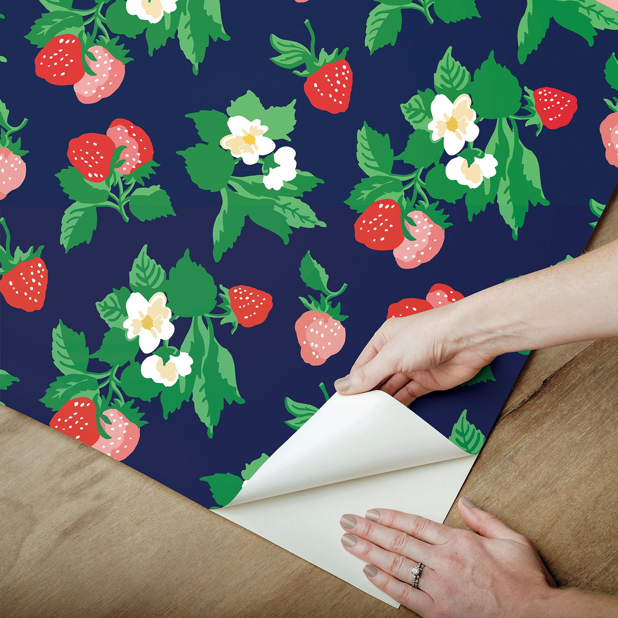 Berry Nice Navy Blue Peel & Stick Wallpaper with Strawberry Botanical Motif - York PSW1396RL