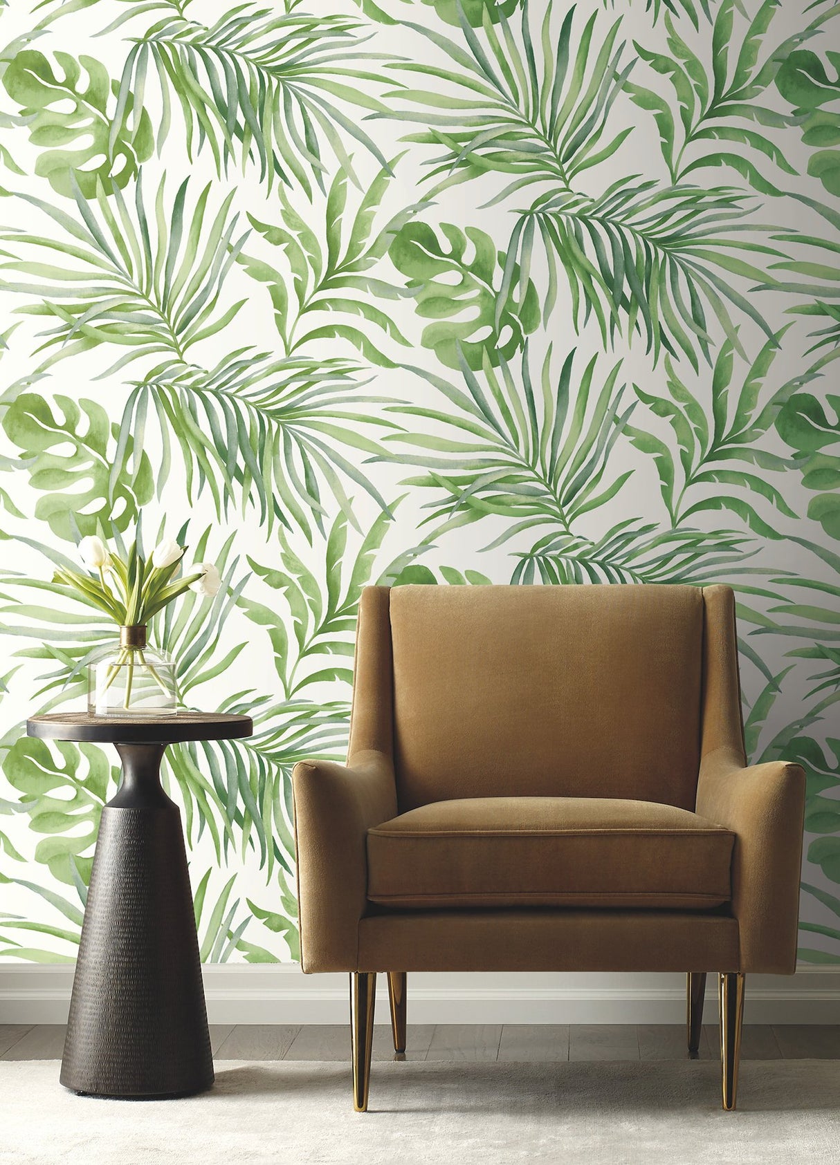 Paradise Palm Green Peel & Stick Wallpaper with Botanical Watercolor Palm Leaf Pattern - York PSW1412RL