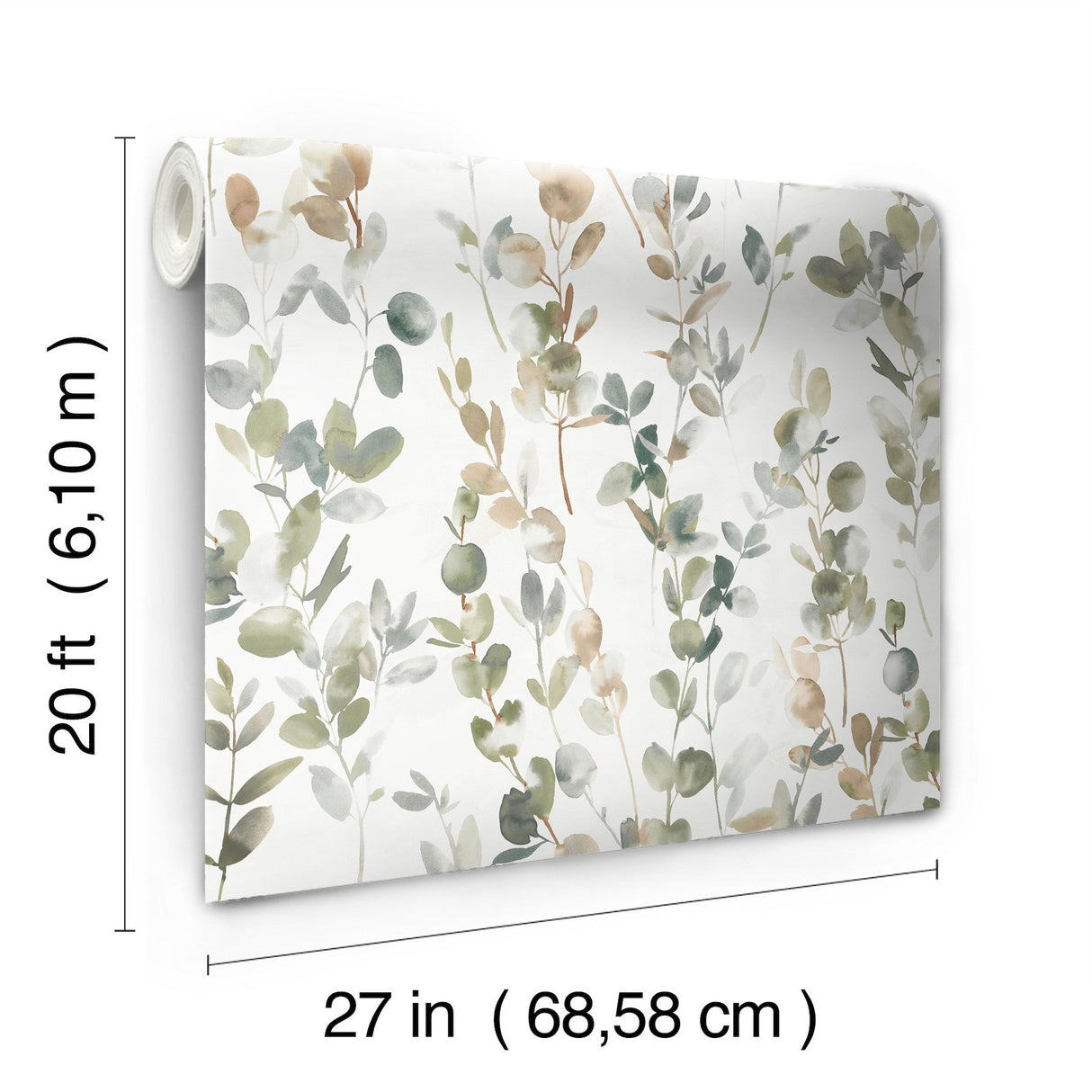 Joyful Eucalyptus Green Peel & Stick Wallpaper with Botanical Watercolor Leaves - York PSW1430RL
