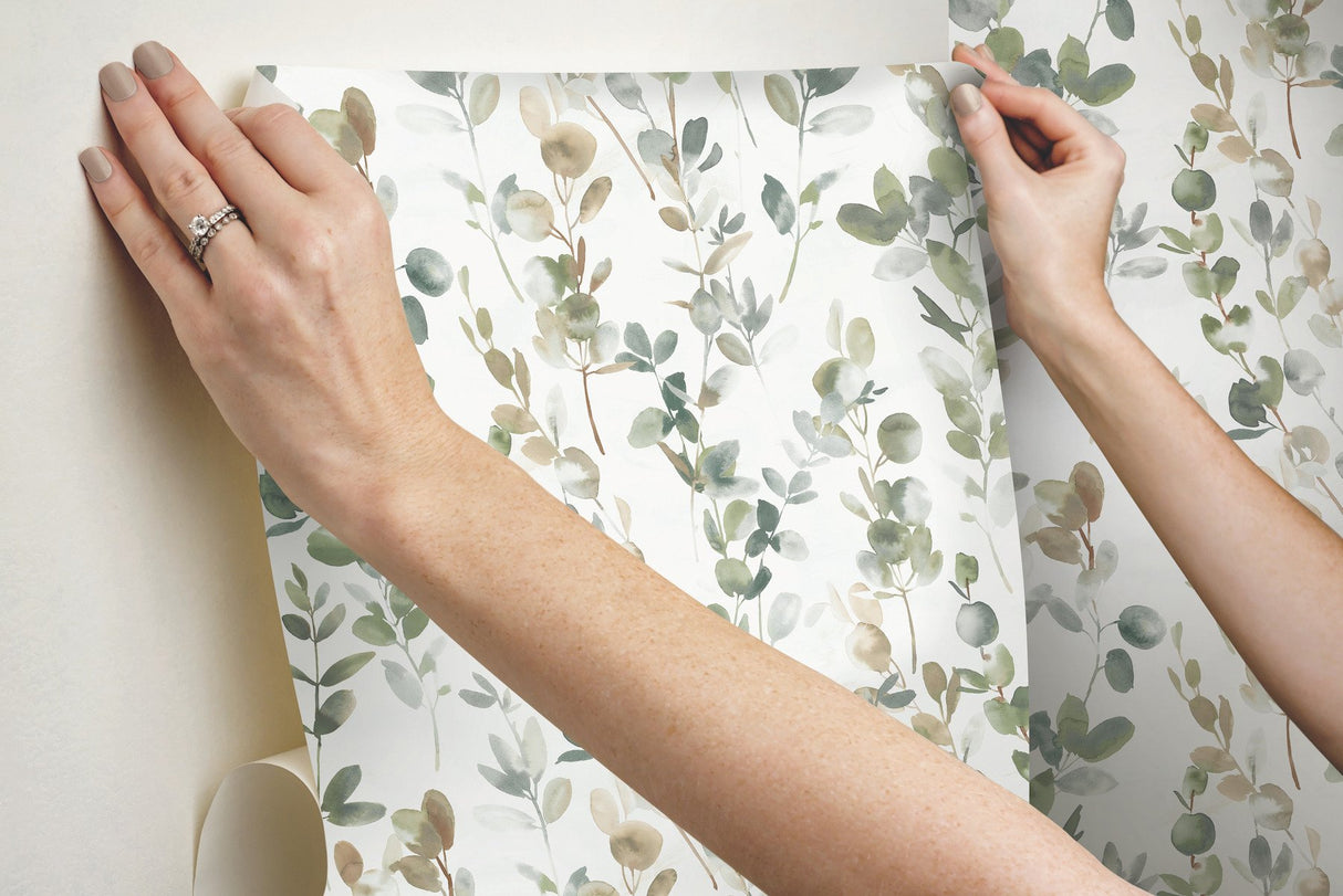 Joyful Eucalyptus Green Peel & Stick Wallpaper with Botanical Watercolor Leaves - York PSW1430RL