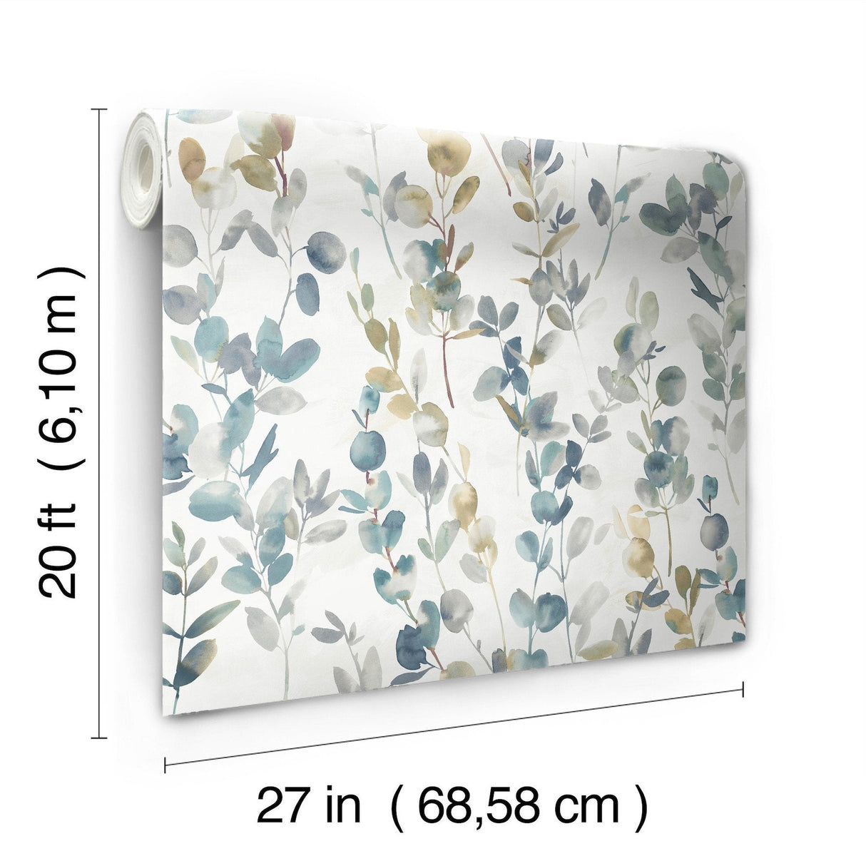 Joyful Eucalyptus Navy Peel & Stick Wallpaper with Botanical Watercolor Motif - York PSW1431RL SAMPLE