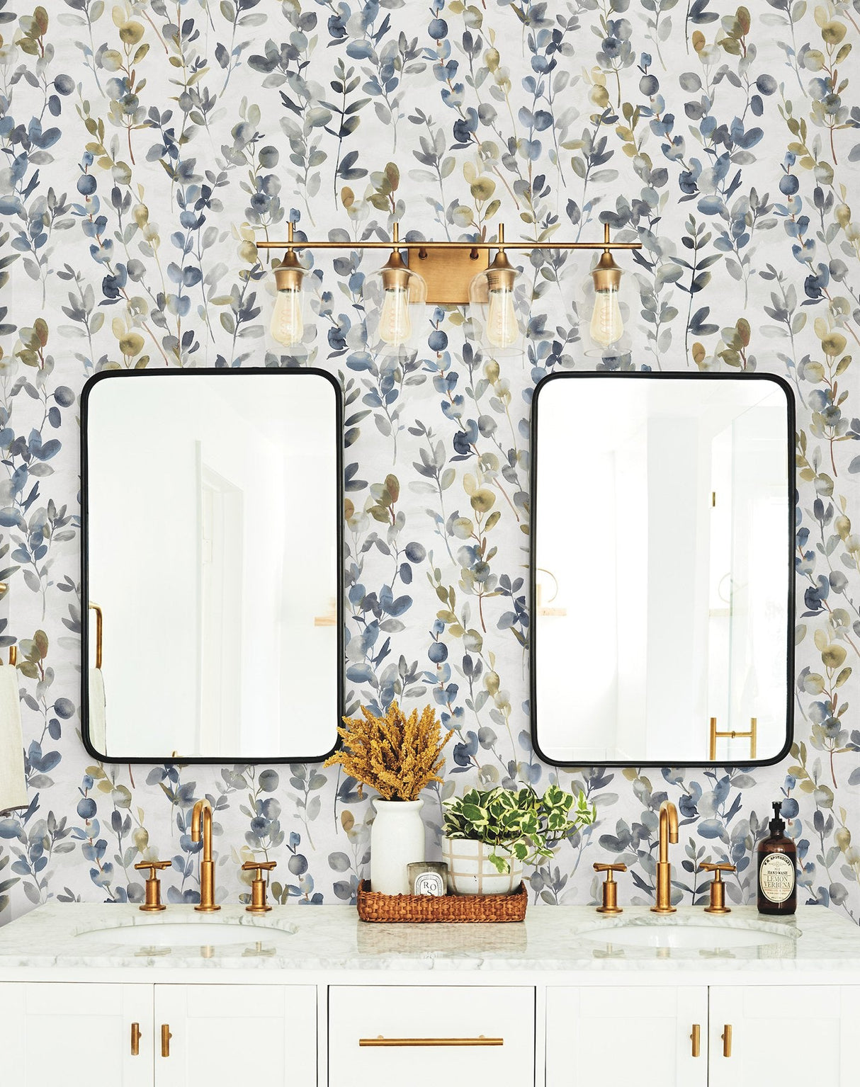 Joyful Eucalyptus Navy Peel & Stick Wallpaper with Botanical Watercolor Motif - York PSW1431RL SAMPLE