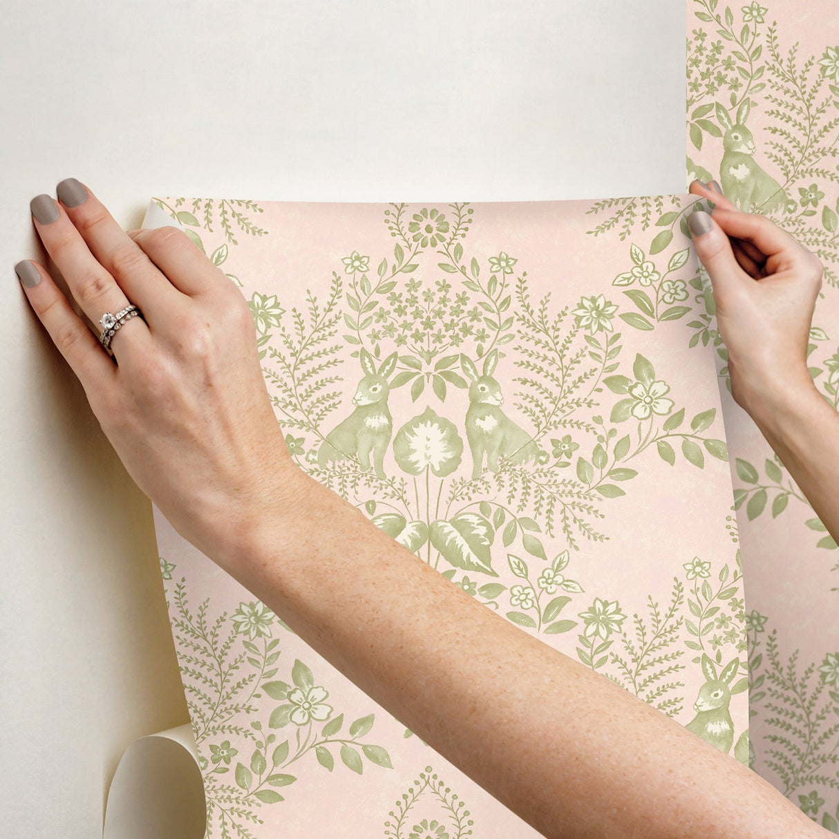 Cottontail Toile Pink & Chartreuse Peel & Stick Wallpaper with Whimsical Rabbit Damask - York PSW1432RL