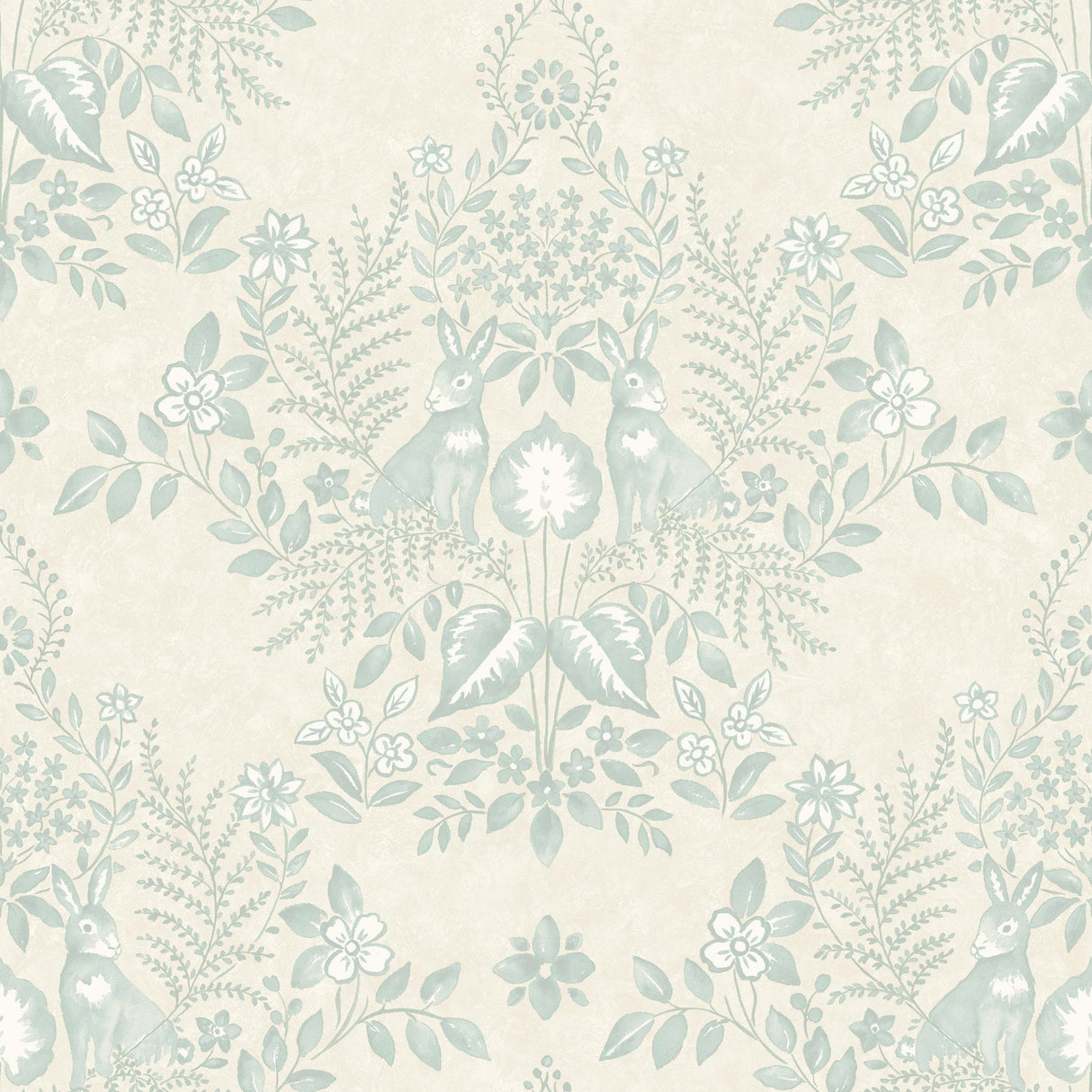 Cottontail Toile Vintage Duck Egg Peel & Stick Wallpaper with Whimsical Rabbit Damask - York PSW1435RL
