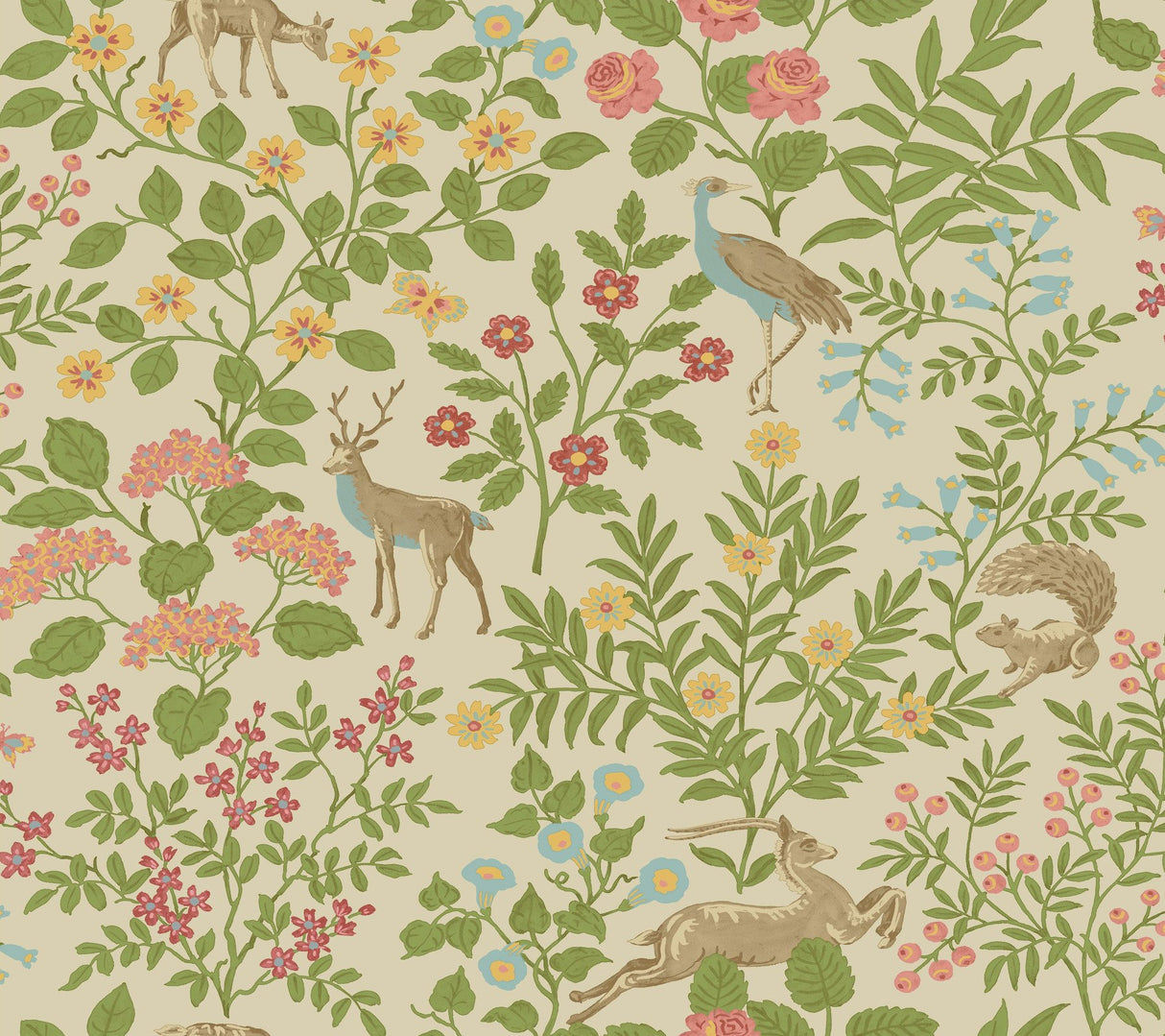 Woodland Floral Linen Peel & Stick Wallpaper with Folk-Art Deer and Peacock Motif - York PSW1436RL