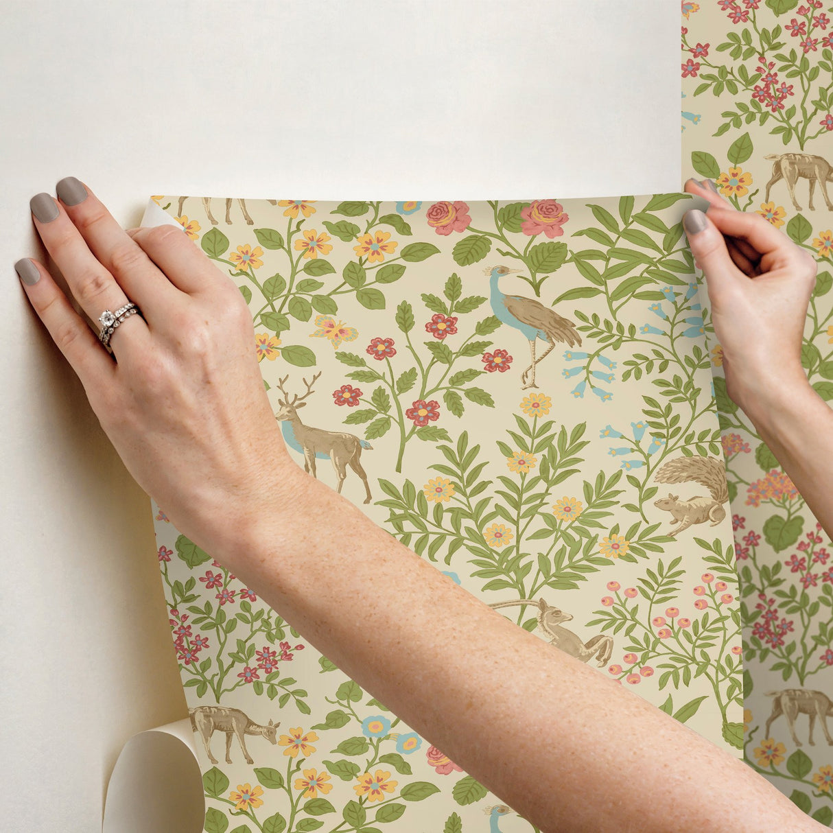 Woodland Floral Linen Peel & Stick Wallpaper with Folk-Art Deer and Peacock Motif - York PSW1436RL