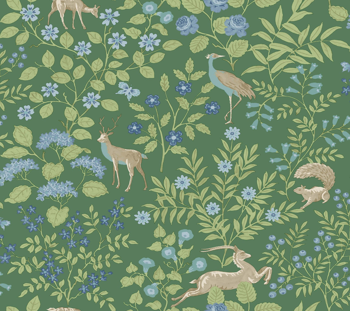 Woodland Floral Meadow Green Peel & Stick Wallpaper with Arts & Crafts Deer and Peacock Motif - York PSW1437RL