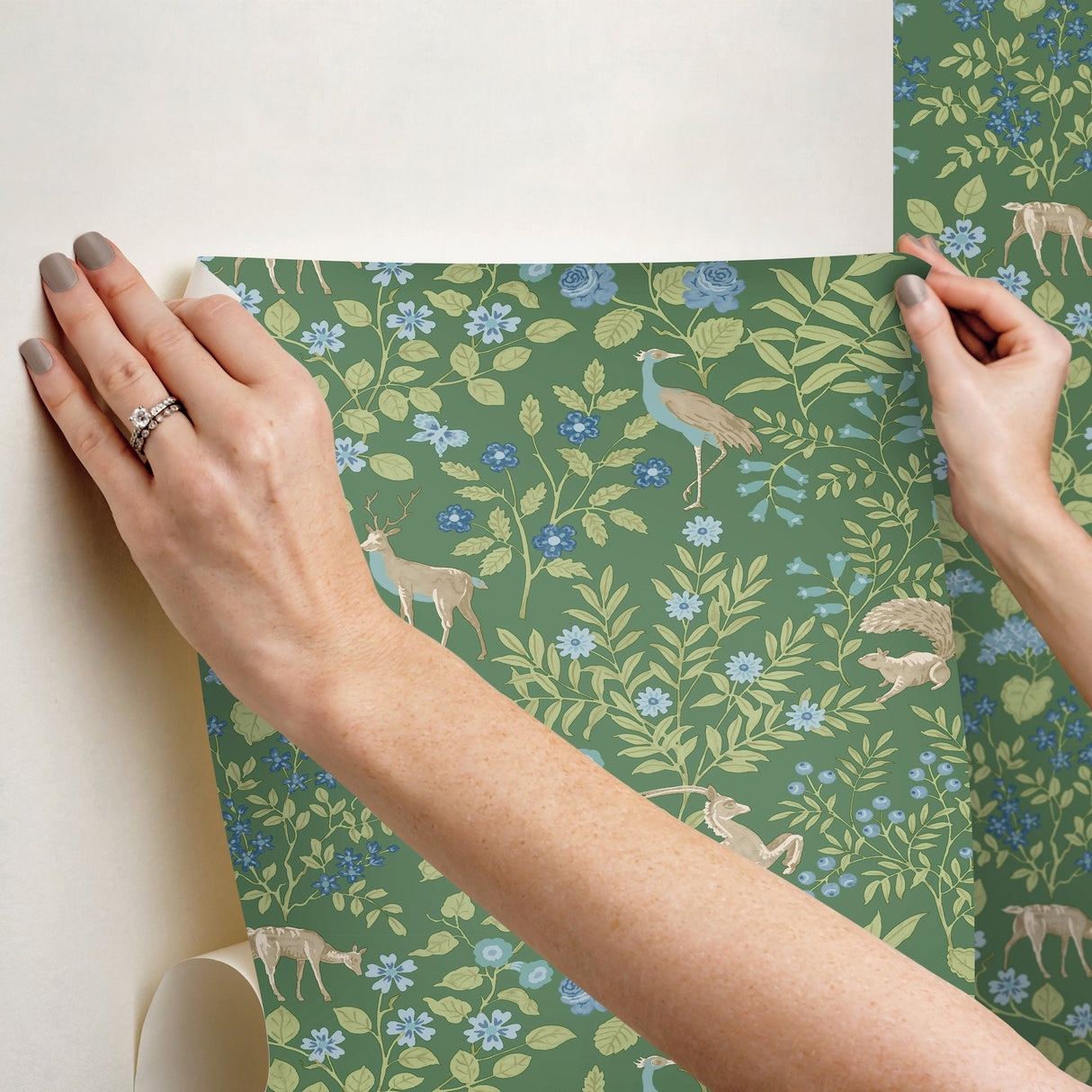 Woodland Floral Meadow Green Peel & Stick Wallpaper with Arts & Crafts Deer and Peacock Motif - York PSW1437RL