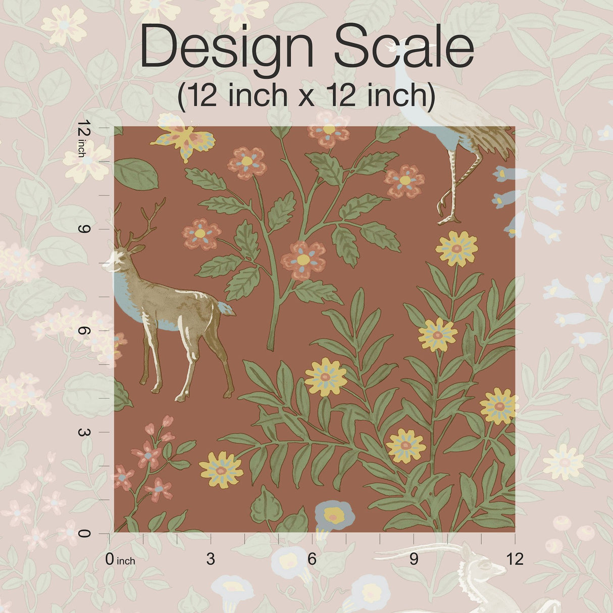 Woodland Floral Rust Peel & Stick Wallpaper with Arts & Crafts Deer and Peacock Motif - York PSW1438RL