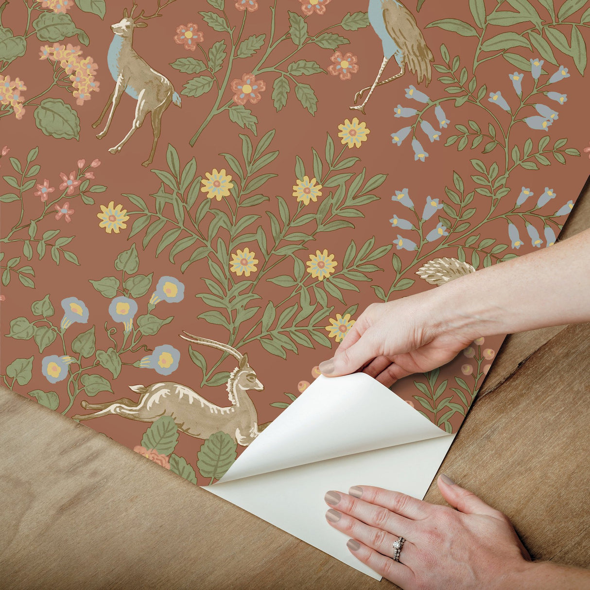Woodland Floral Rust Peel & Stick Wallpaper with Arts & Crafts Deer and Peacock Motif - York PSW1438RL