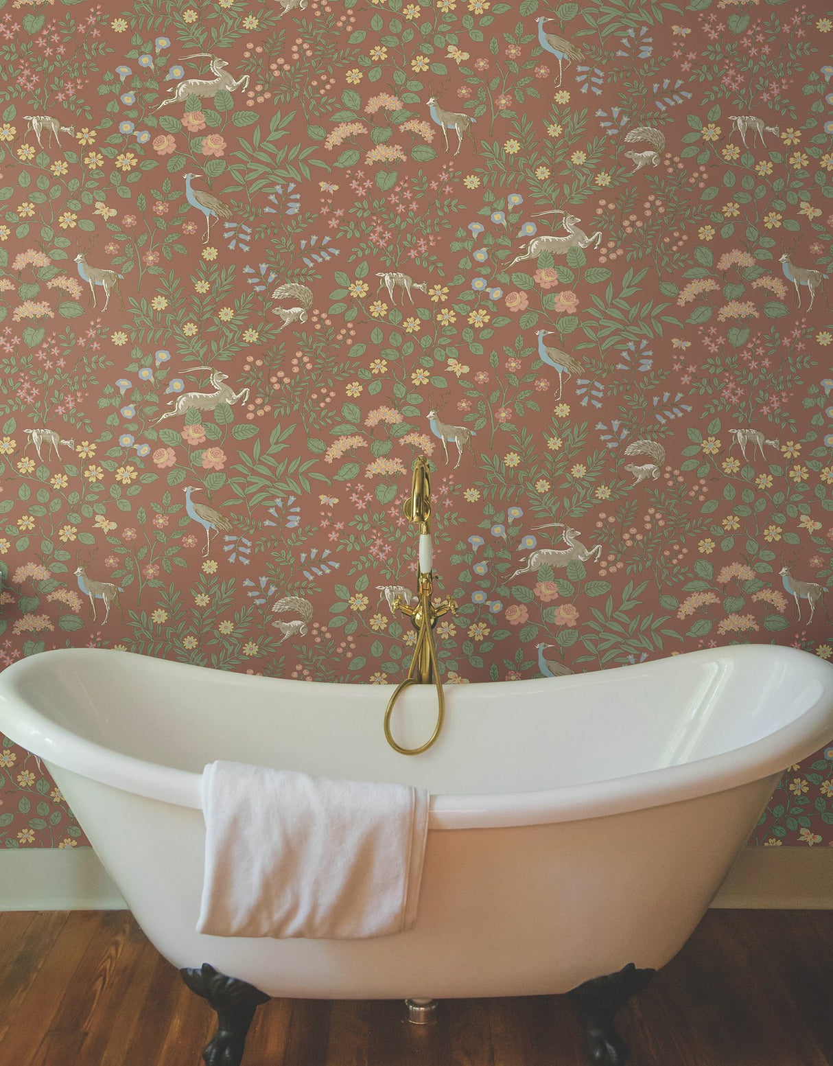 Woodland Floral Rust Peel & Stick Wallpaper with Arts & Crafts Deer and Peacock Motif - York PSW1438RL