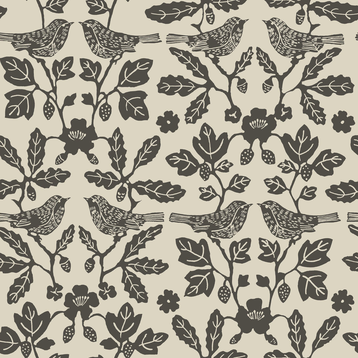 Sparrow & Oak Linen & Charcoal Peel & Stick Wallpaper with Botanical Songbird Motif - York PSW1442RL