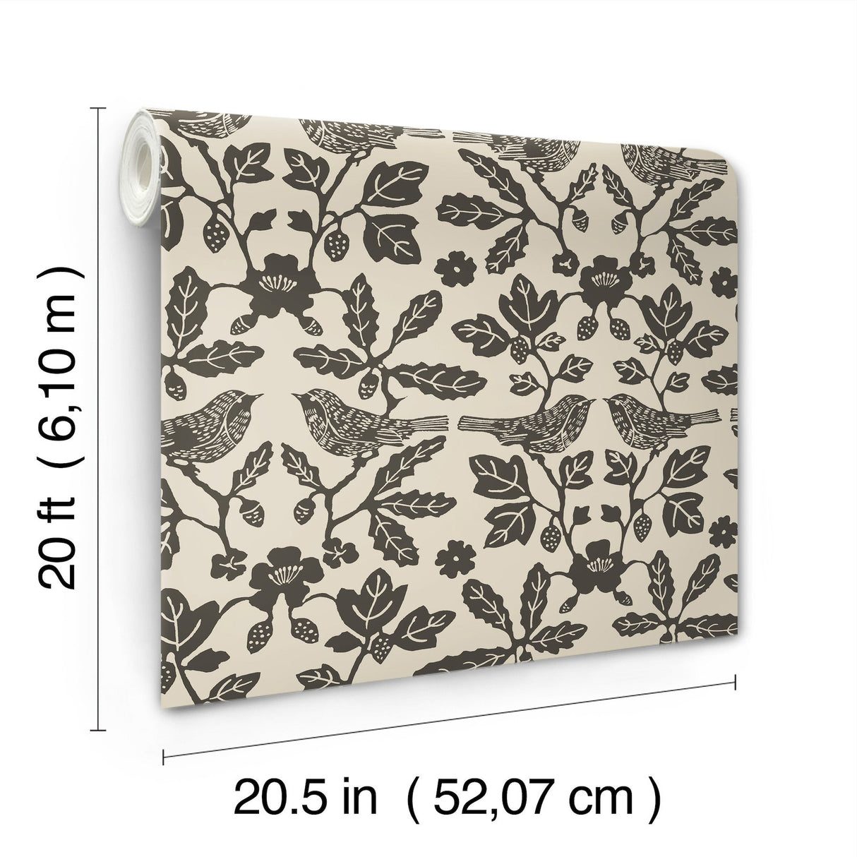 Sparrow & Oak Linen & Charcoal Peel & Stick Wallpaper with Botanical Songbird Motif - York PSW1442RL