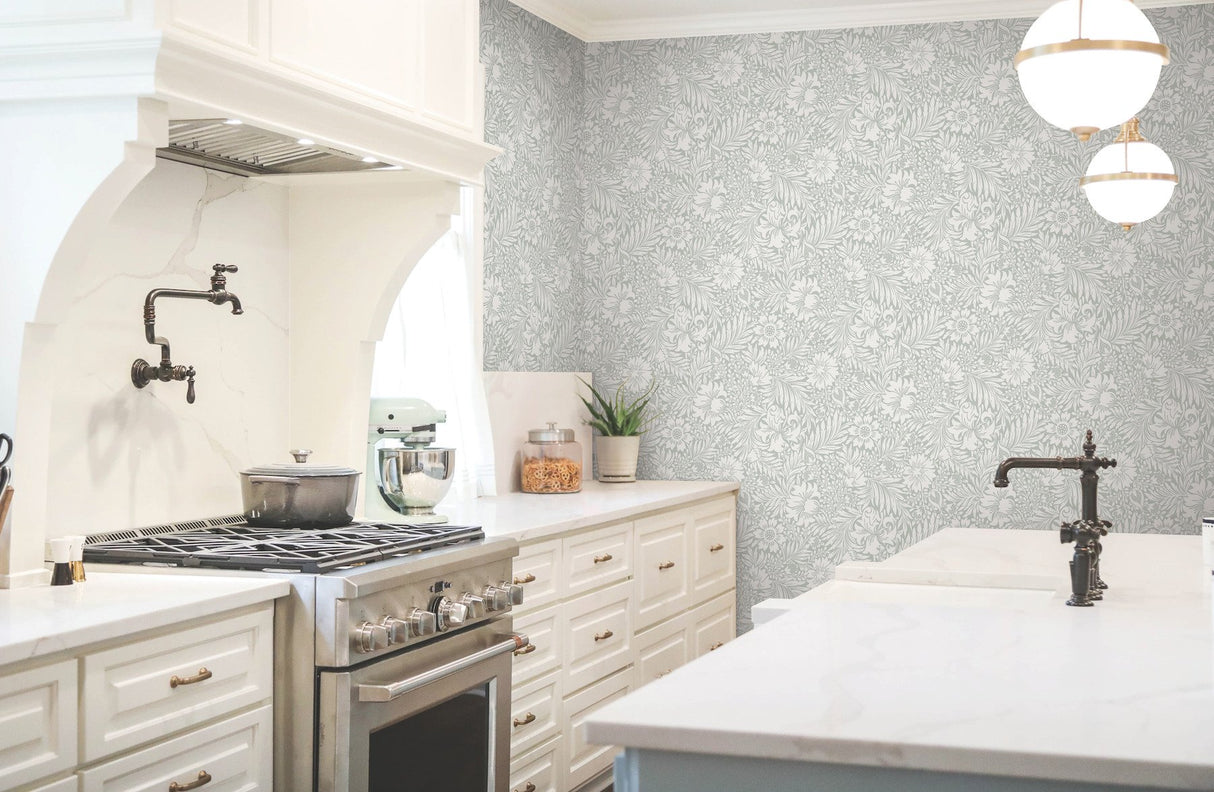 Modern Acanthus Vintage Duck Egg Peel & Stick Wallpaper with Floral Acanthus Motif - York PSW1446RL