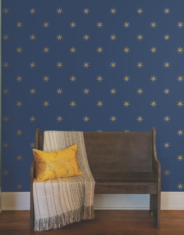 Star Splendor Navy & Metallic Gold Peel & Stick Wallpaper with Bohemian Six-Point Star Pattern - York PSW1451RL