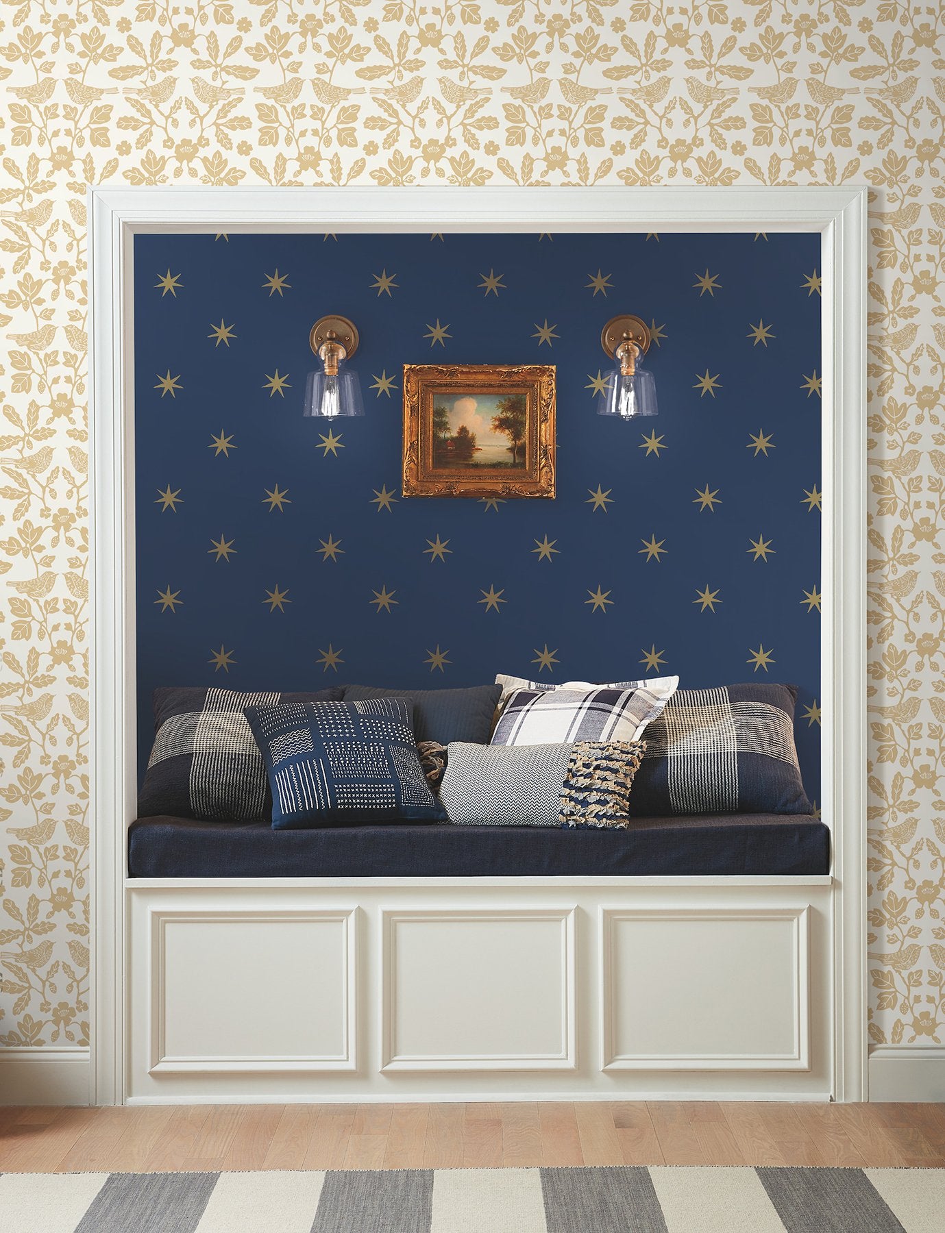 Star Splendor Navy & Metallic Gold Peel & Stick Wallpaper with Bohemian Six-Point Star Pattern - York PSW1451RL