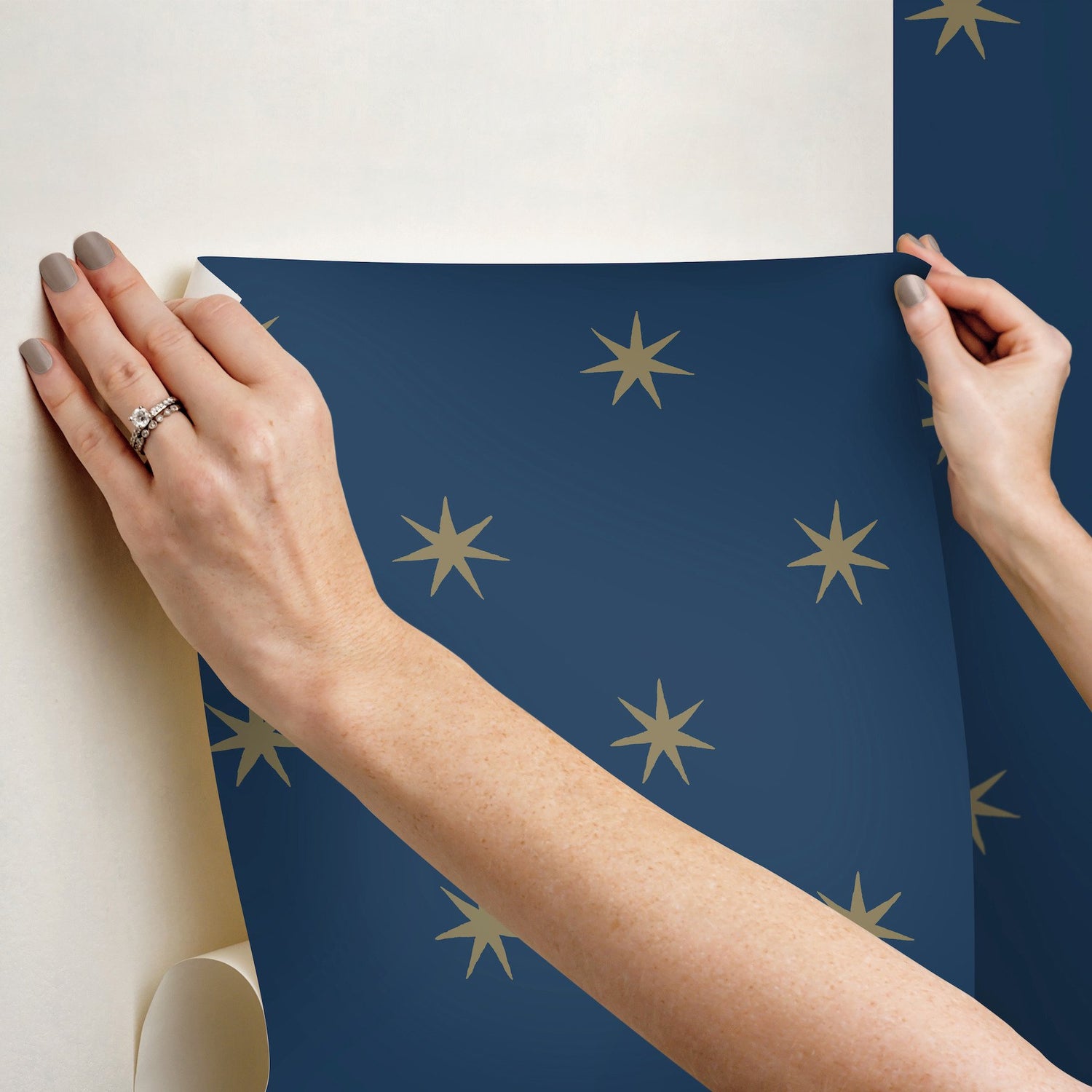 Star Splendor Navy & Metallic Gold Peel & Stick Wallpaper with Bohemian Six-Point Star Pattern - York PSW1451RL