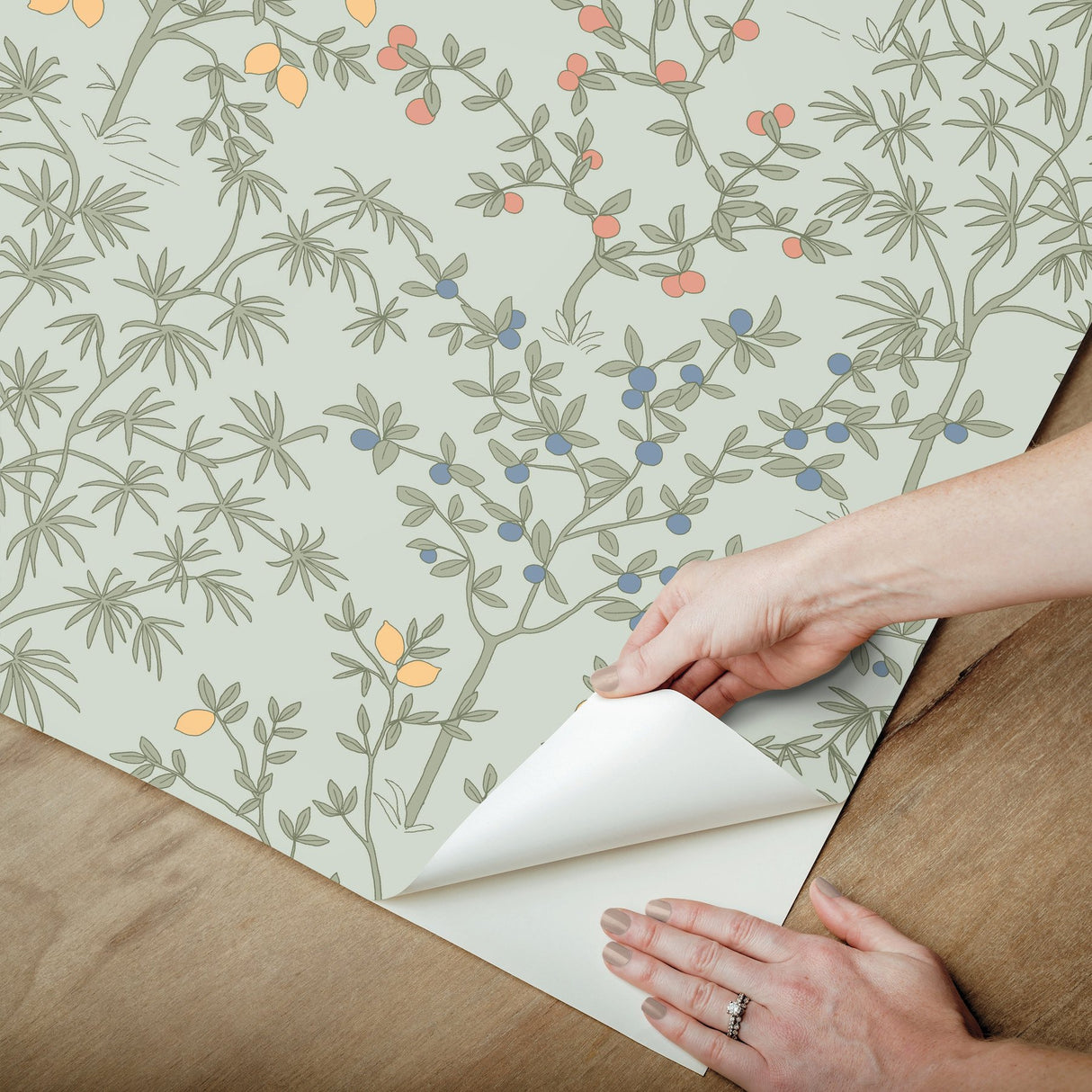 Lemon Grove Vintage Duck Egg Peel & Stick Wallpaper with Botanical Citrus Motif - York PSW1453RL