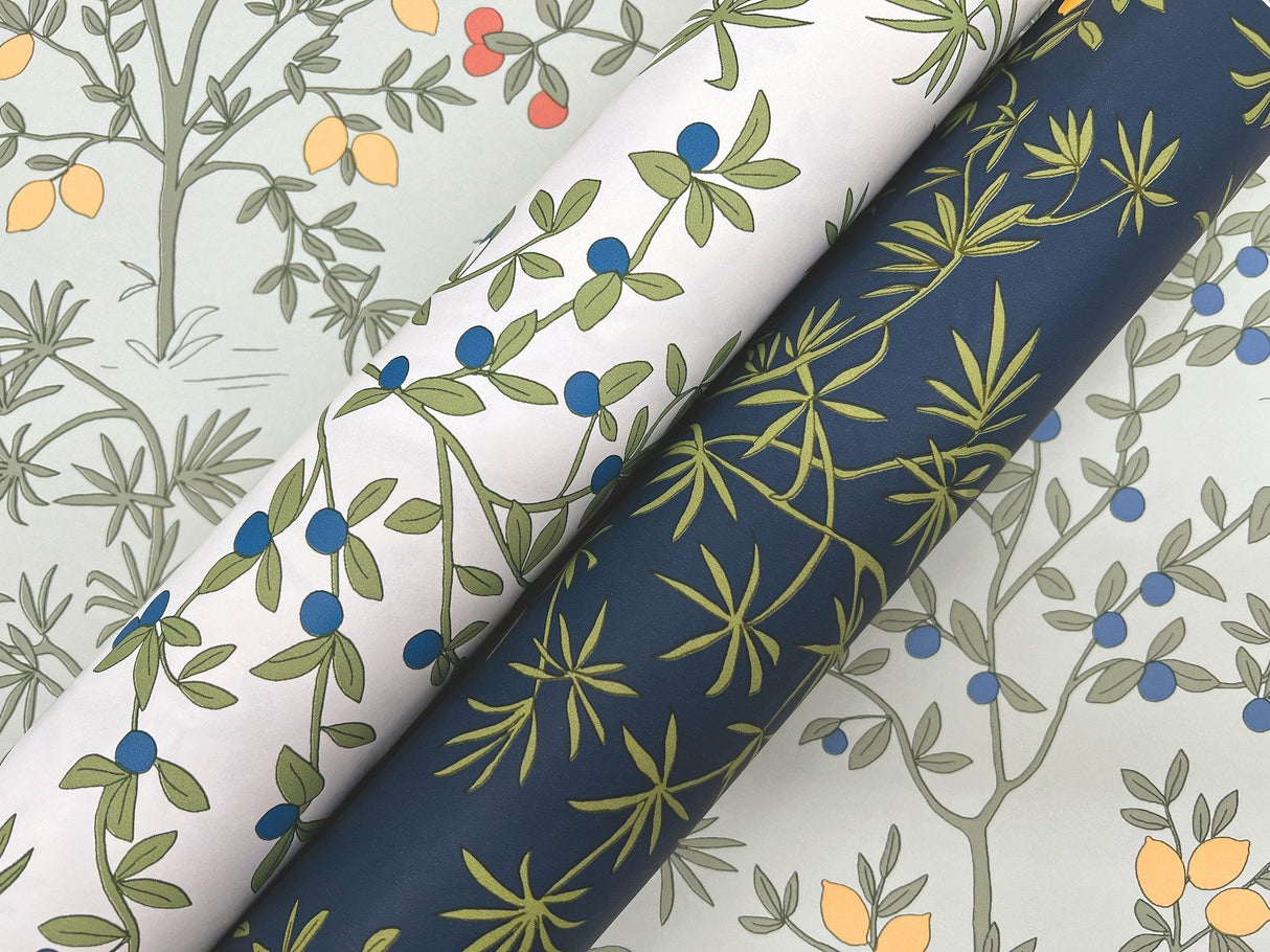 Lemon Grove Navy Peel & Stick Wallpaper with Botanical Citrus Motif - York PSW1454RL