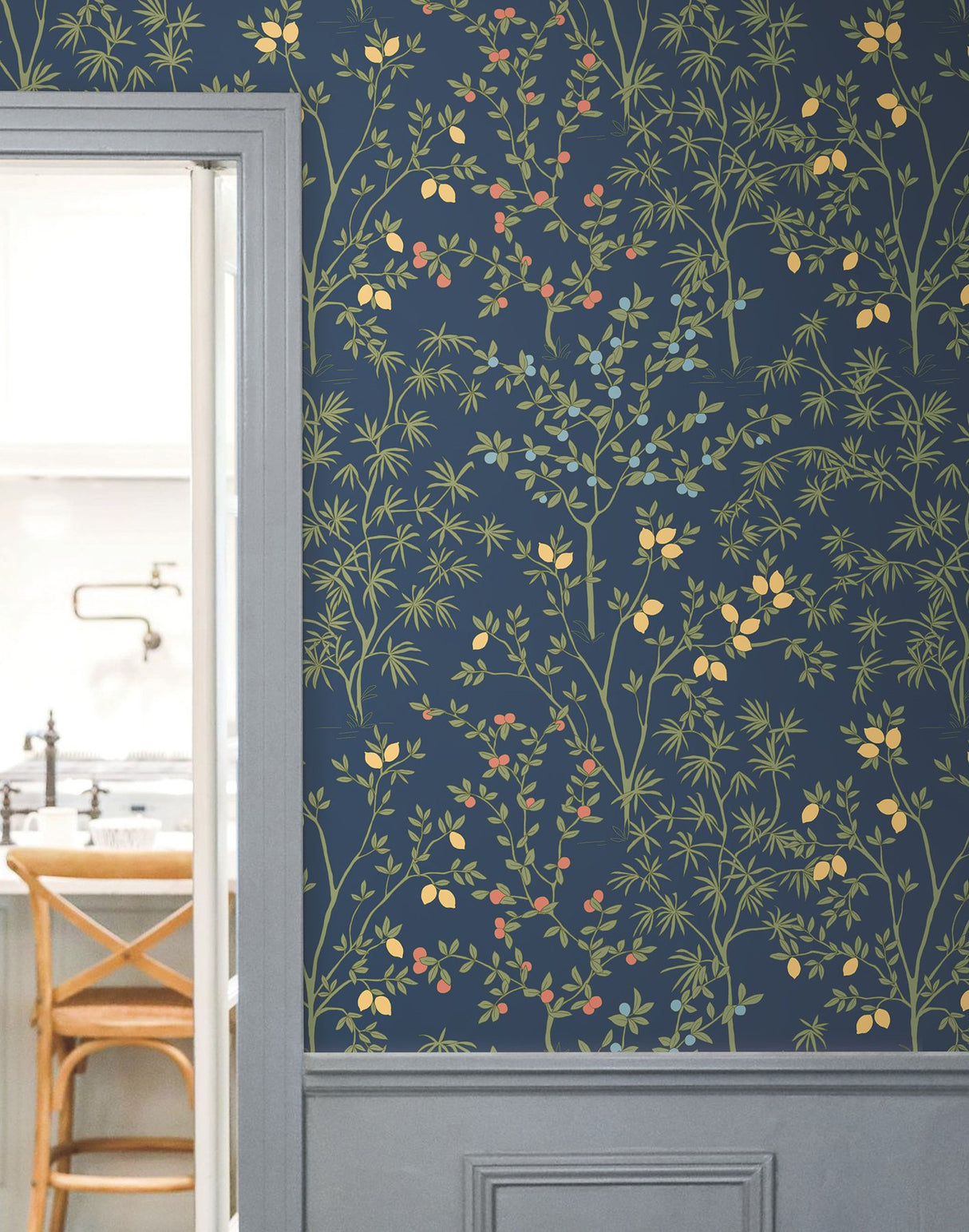 Lemon Grove Navy Peel & Stick Wallpaper with Botanical Citrus Motif - York PSW1454RL