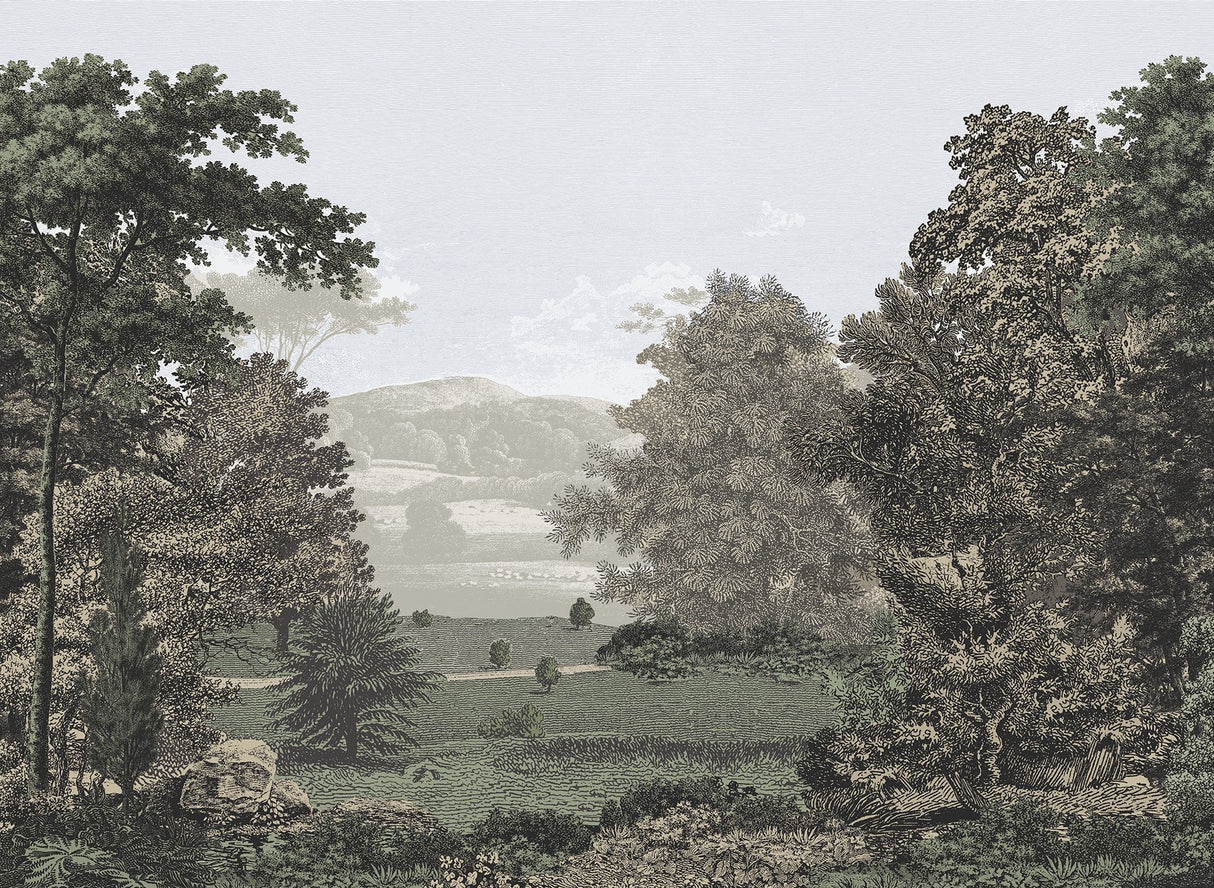 Scenic Pastures Morning Light Peel & Stick Mural with Botanical Vintage Landscape - York PSW1456M