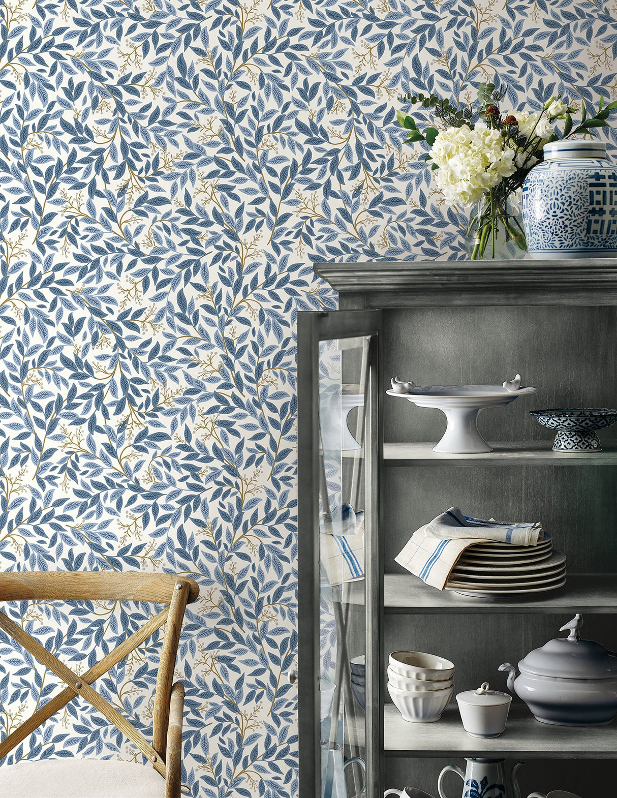 Willowberry Blue & White Peel & Stick Wallpaper with Botanical Ivy Vines Pattern - York PSW1469RL