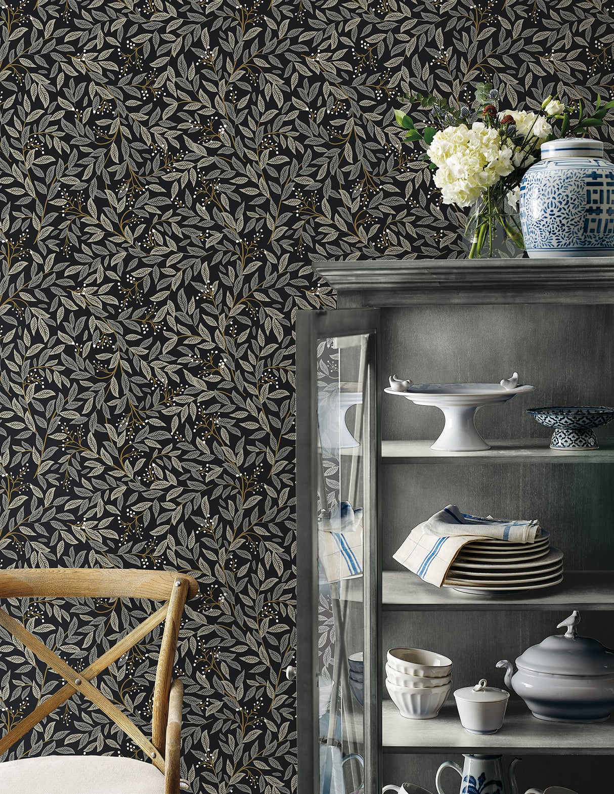 Willowberry Black Peel & Stick Wallpaper with Botanical Ivy/Vines Motif - York PSW1472RL
