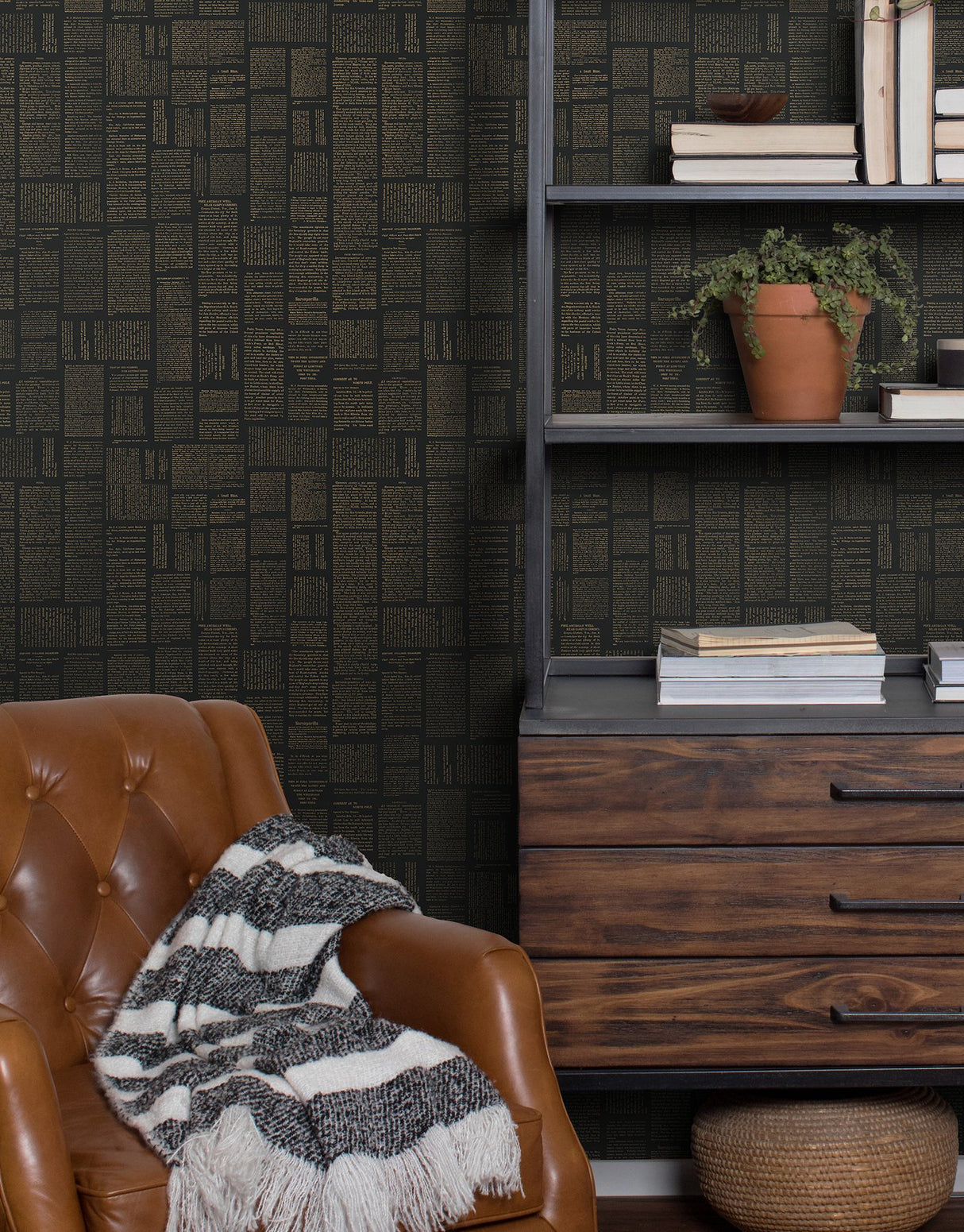 Crafted Editorial Black & Gold Metallic Peel & Stick Wallpaper with Words & Letters Pattern - York PSW1496RL