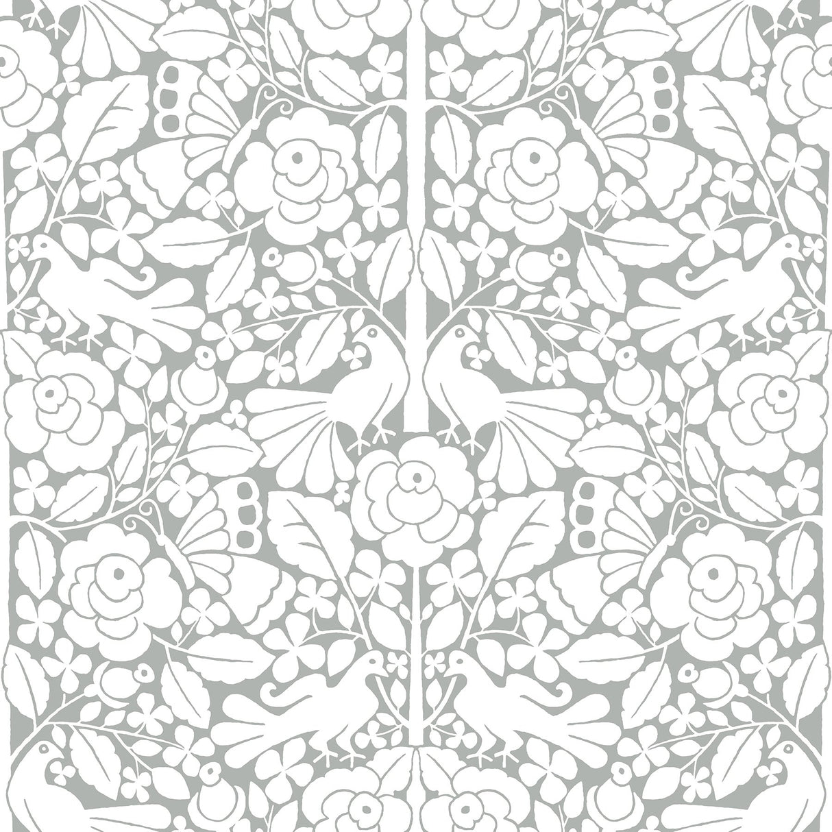 Fairy Tales Grey Peel & Stick Wallpaper with Folk Art Birds & Floral Pattern - York PSW1506RL