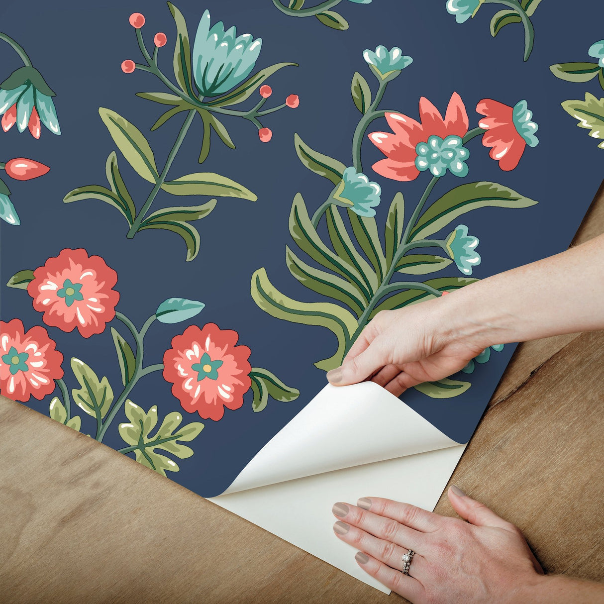 Heirloom Floral Navy Peel & Stick Wallpaper with Folk-Art Floral Pattern - York PSW1516RL