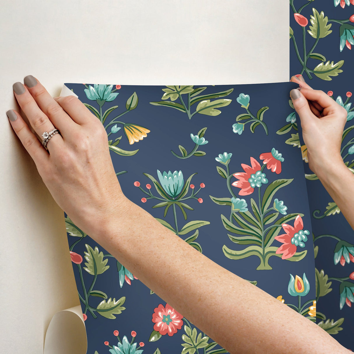 Heirloom Floral Navy Peel & Stick Wallpaper with Folk-Art Floral Pattern - York PSW1516RL