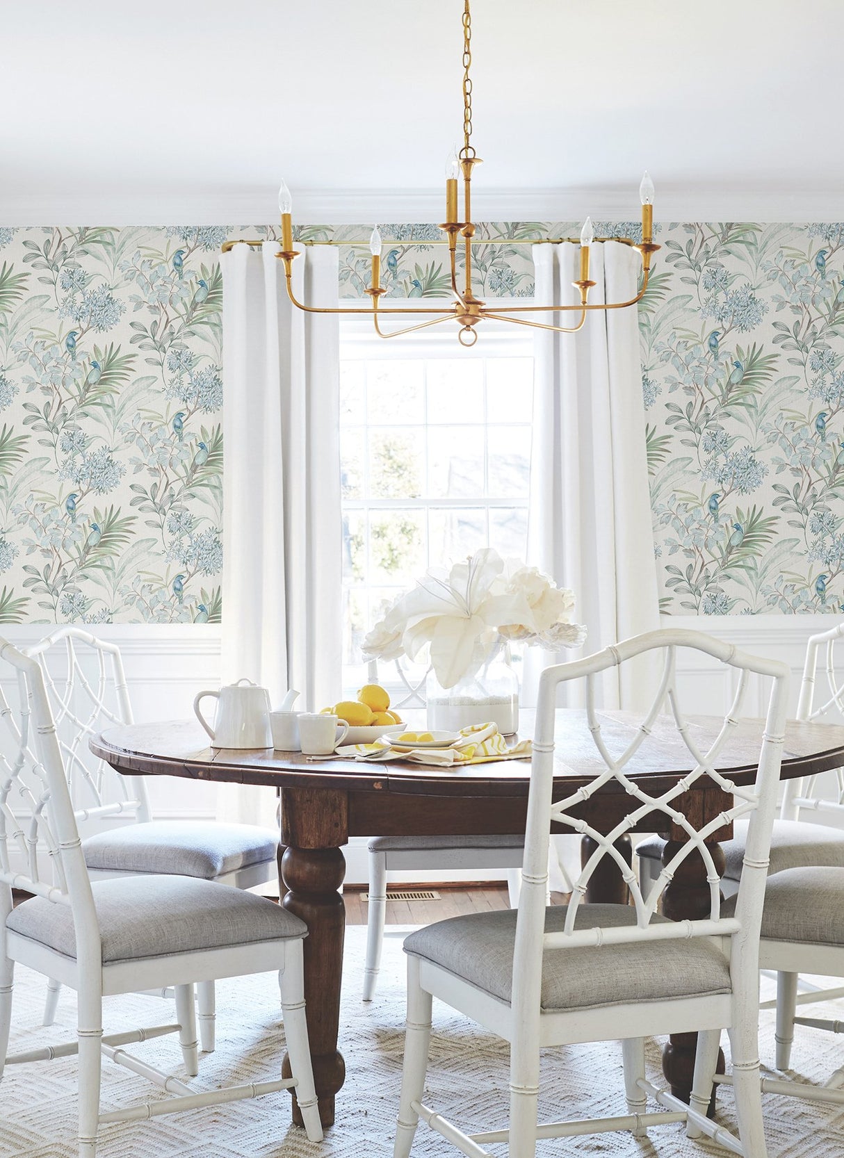 Handpainted Songbird Turquoise Peel & Stick Wallpaper with Painterly Floral and Birds - York PSW1517RL