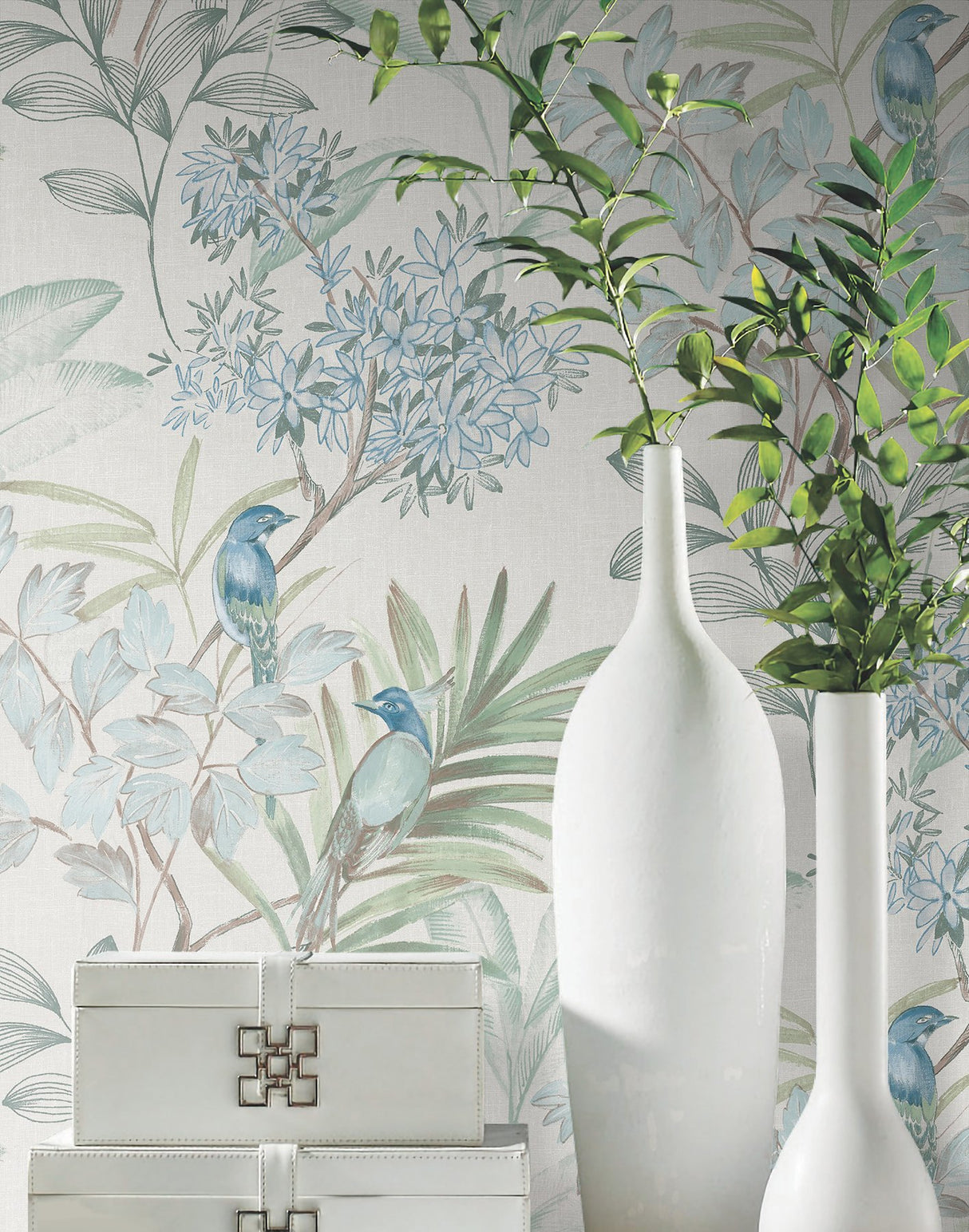 Handpainted Songbird Turquoise Peel & Stick Wallpaper with Painterly Floral and Birds - York PSW1517RL
