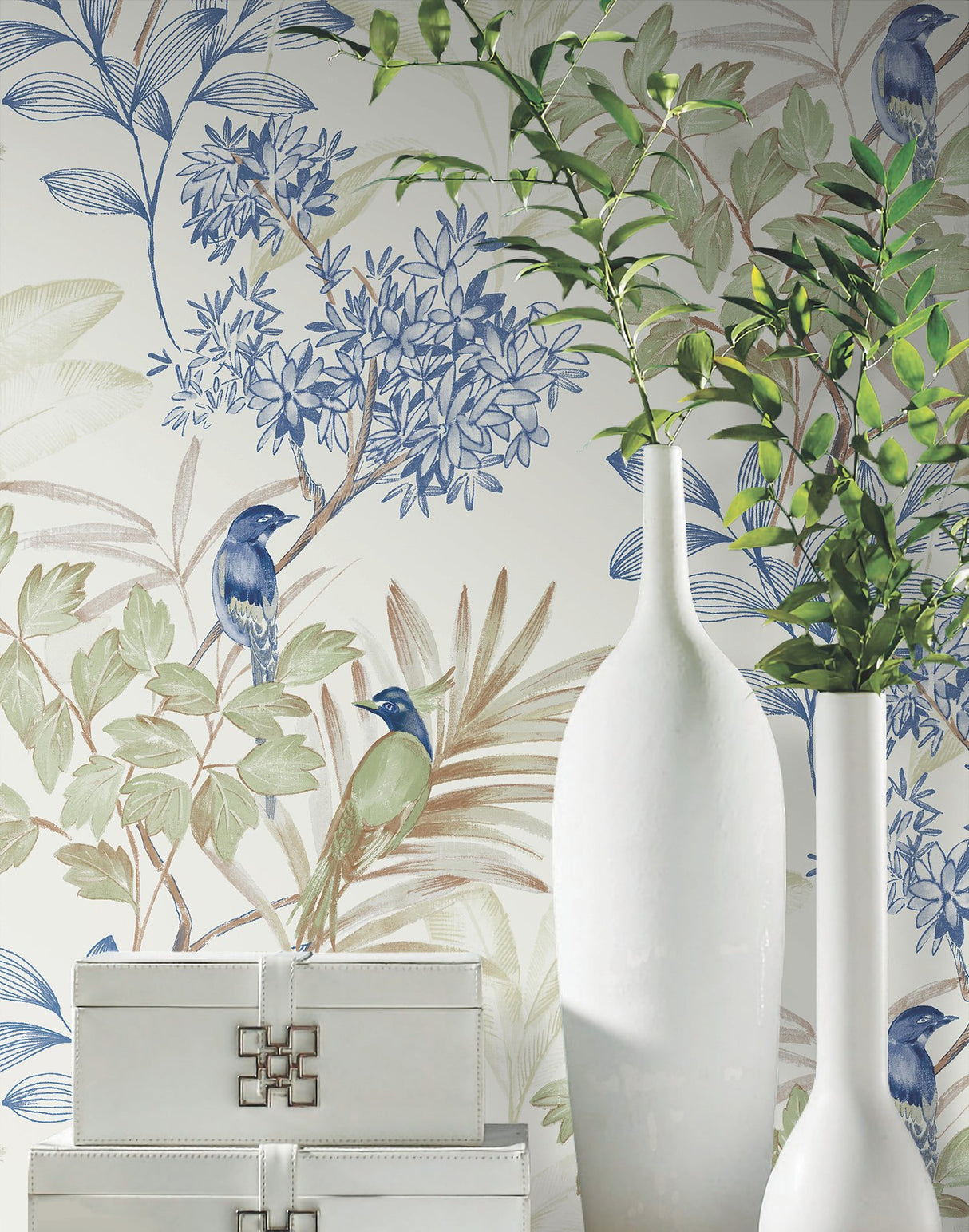 Handpainted Songbird Green & Blue Peel & Stick Wallpaper with Floral Songbird Motif - York PSW1518RL