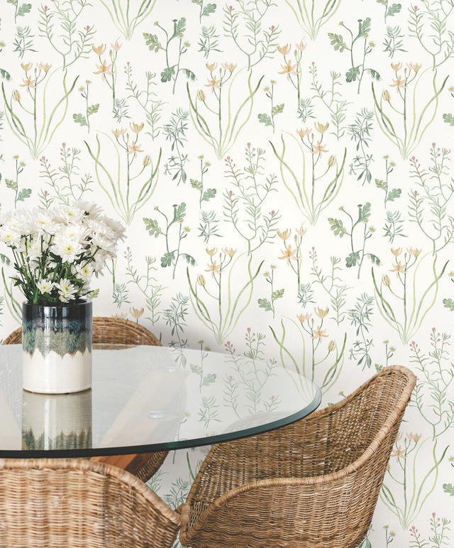 Alpine Botanical Peach Peel & Stick Wallpaper with Watercolor Botanical Pattern - York PSW1519RL