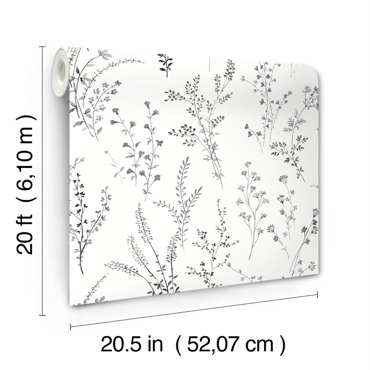Wildflower Sprigs Black & White Peel & Stick Wallpaper with Botanical Watercolor Sprigs - York PSW1522RL