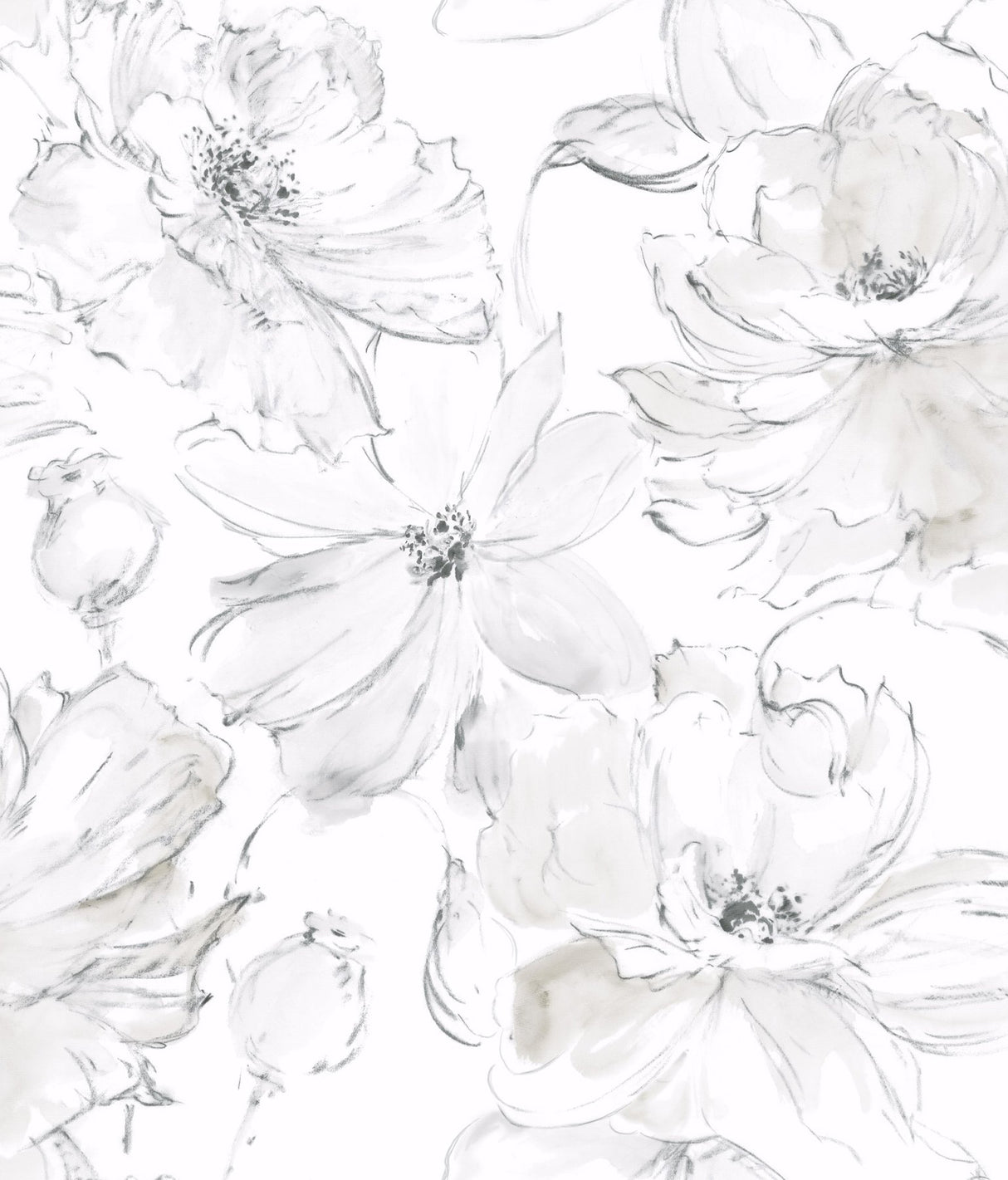 Floral Dreams Grey Peel & Stick Wallpaper with Watercolor Floral Motif - York PSW1530RL